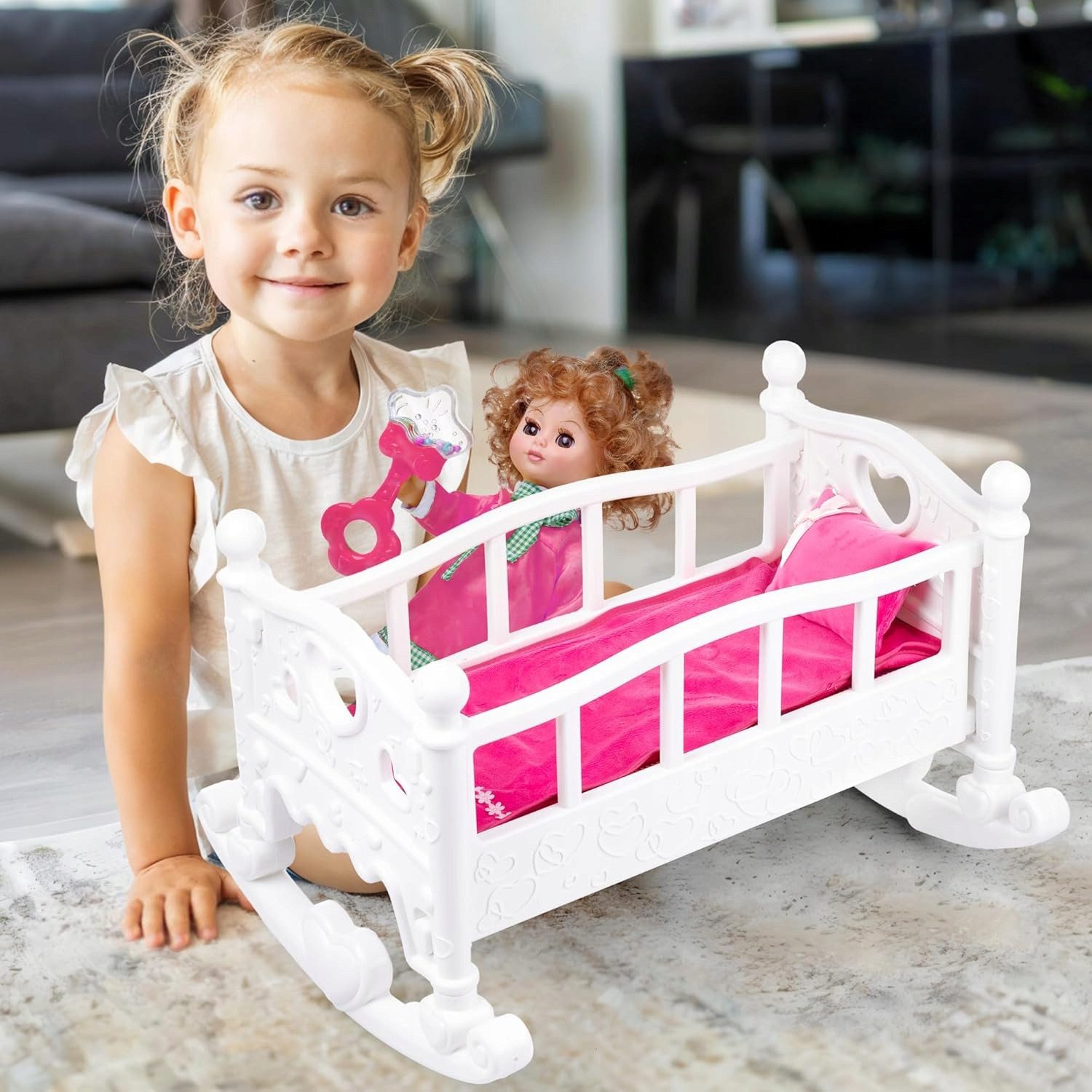 kinderplay Puppenwiege Puppenwiege mit Bettwäsche – 2in1 Schaukelbett – Rollenspielspaß (Set)