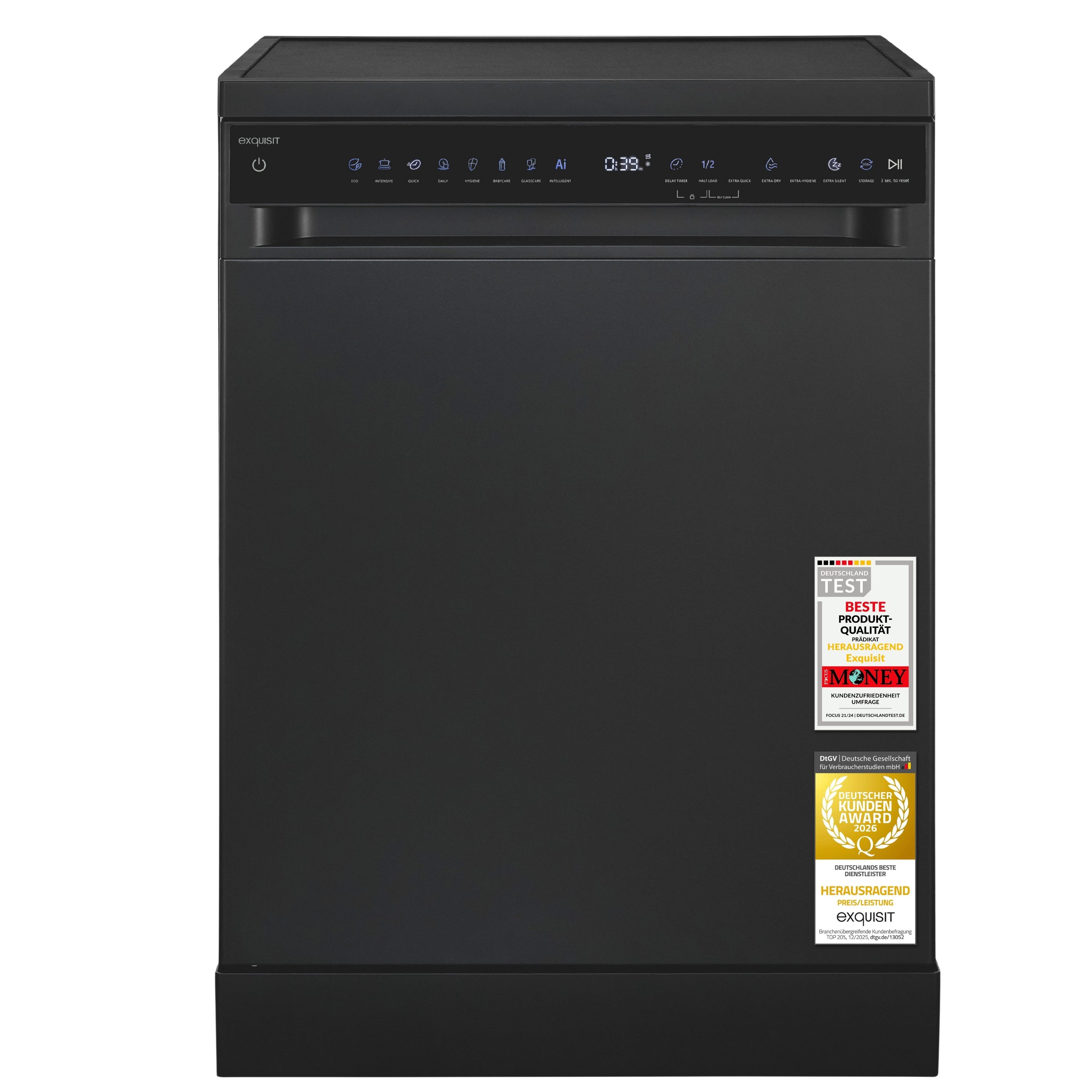 exquisit Standgeschirrspüler GSP9616-450B, 10,9 l, 16 Maßgedecke, Edelstahl Innenraum, Energieklasse B, 45 dB Geräuschklasse C