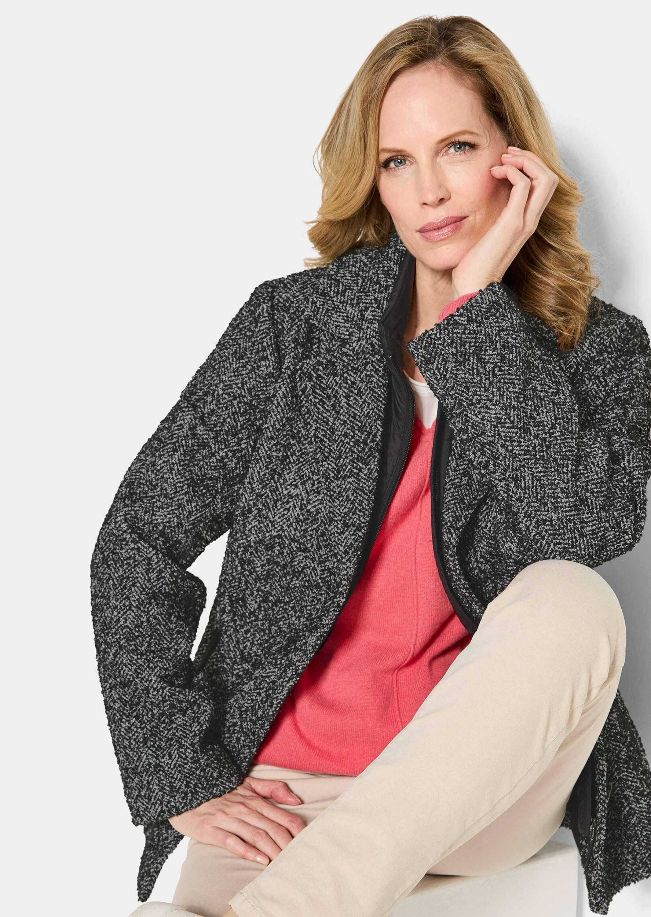 GOLDNER Outdoorjacke Moderne Wolljacke mit Steppeinsatz Wintermantel mit Fischgratmuster, Reverskragen und Langarm