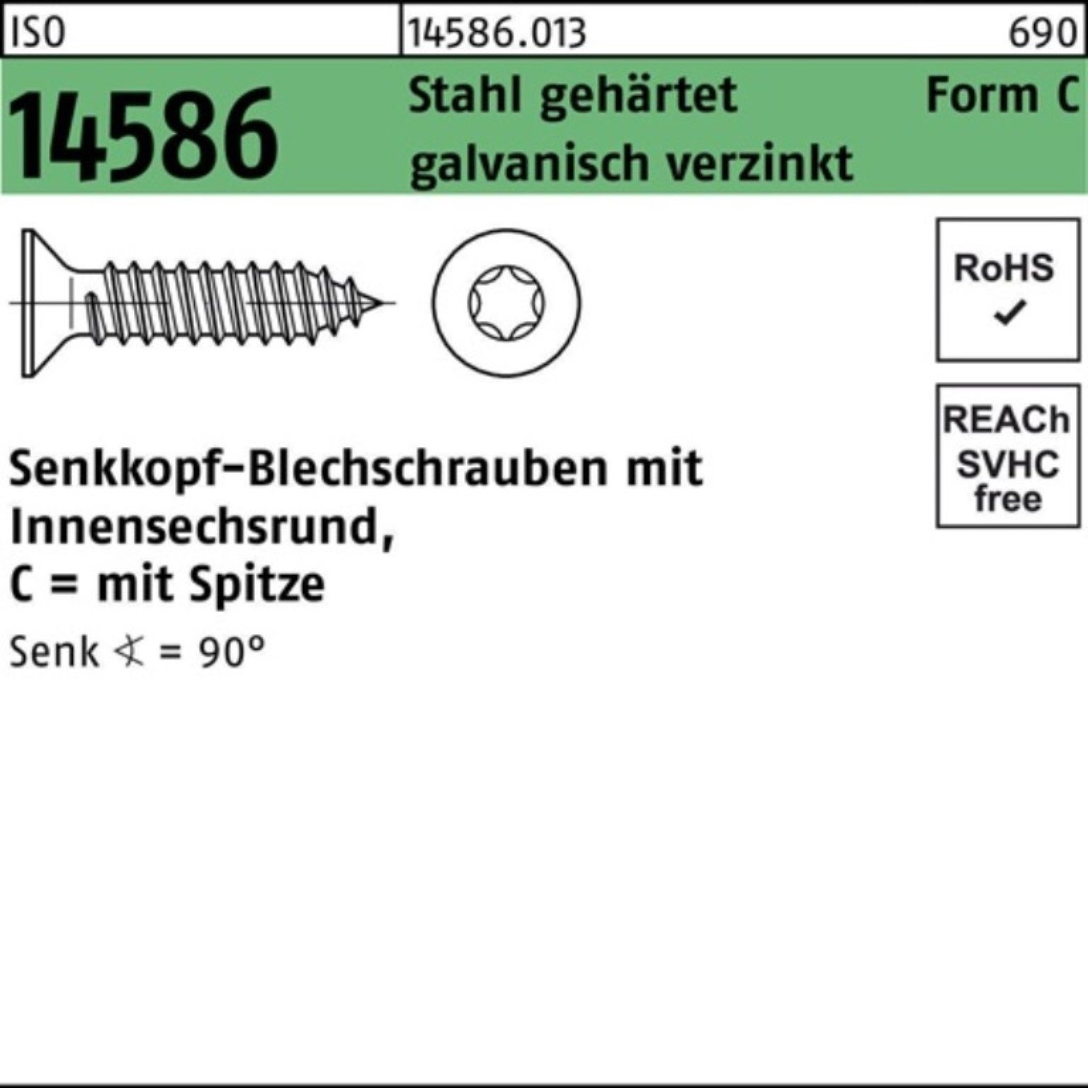 Reyher Schraube 250er -C 14586 ISO 45 Pack Stahl 4,8x Senkblechschraube ISR/Spitze geh