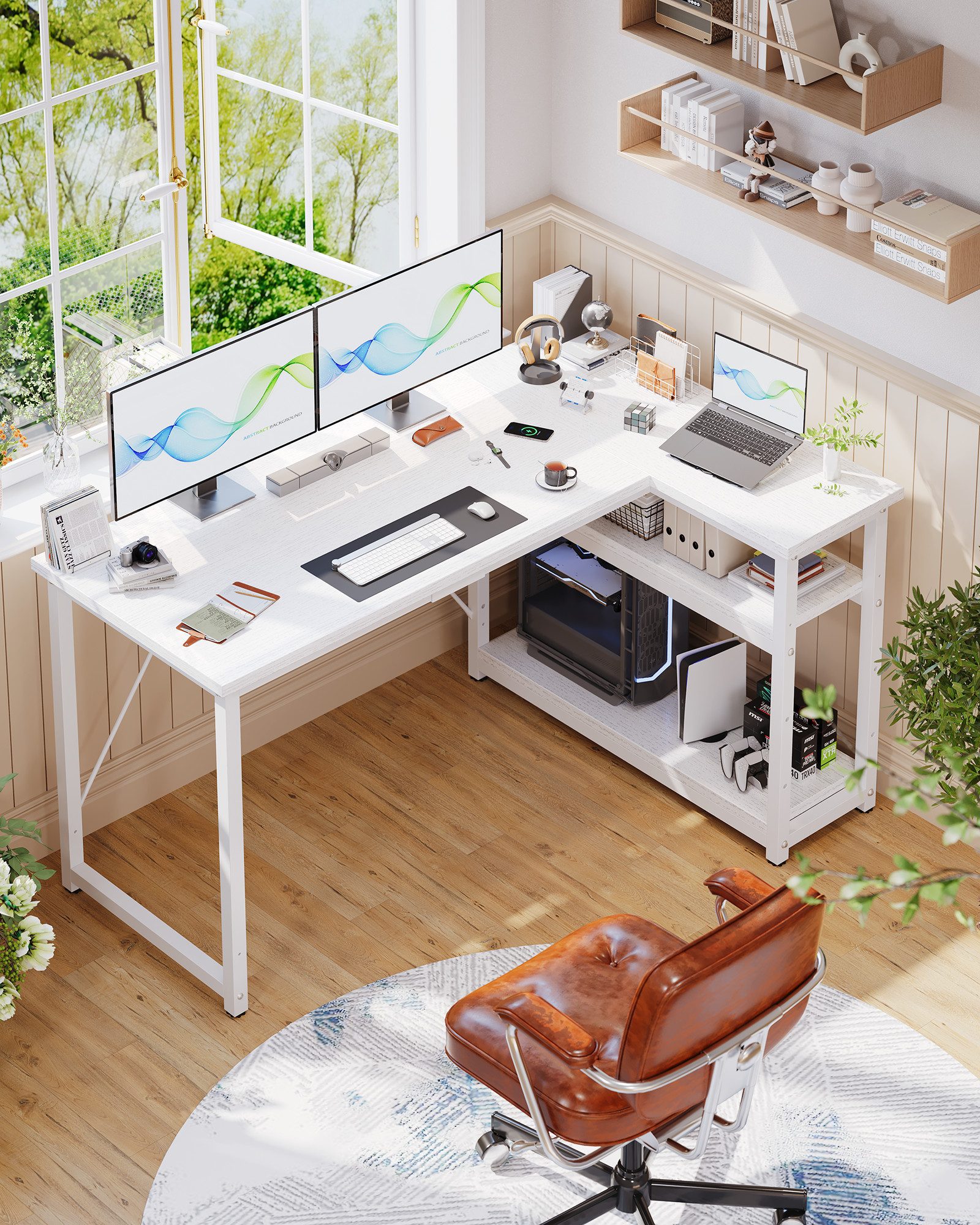 GUNJI Eckschreibtisch Eckschreibtisch Umkehrbarer L-förmiger Computer schreibtisch mit Hutch (Maße: 1 m/1,2 m/1,4 m/1,6 m, Schreibtisch mit verstellbaren Einlegeböden)
