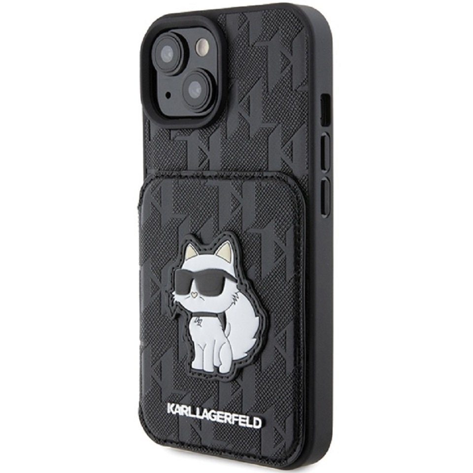 KARL LAGERFELD Handyhülle Case iPhone 15 aufstellbar Katze Kunstleder schwarz Logo 6,1 Zoll, Kantenschutz – Bild 2 von 5