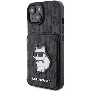 KARL LAGERFELD Handyhülle Case iPhone 15 aufstellbar Katze Kunstleder schwarz Logo 6,1 Zoll, Kantenschutz