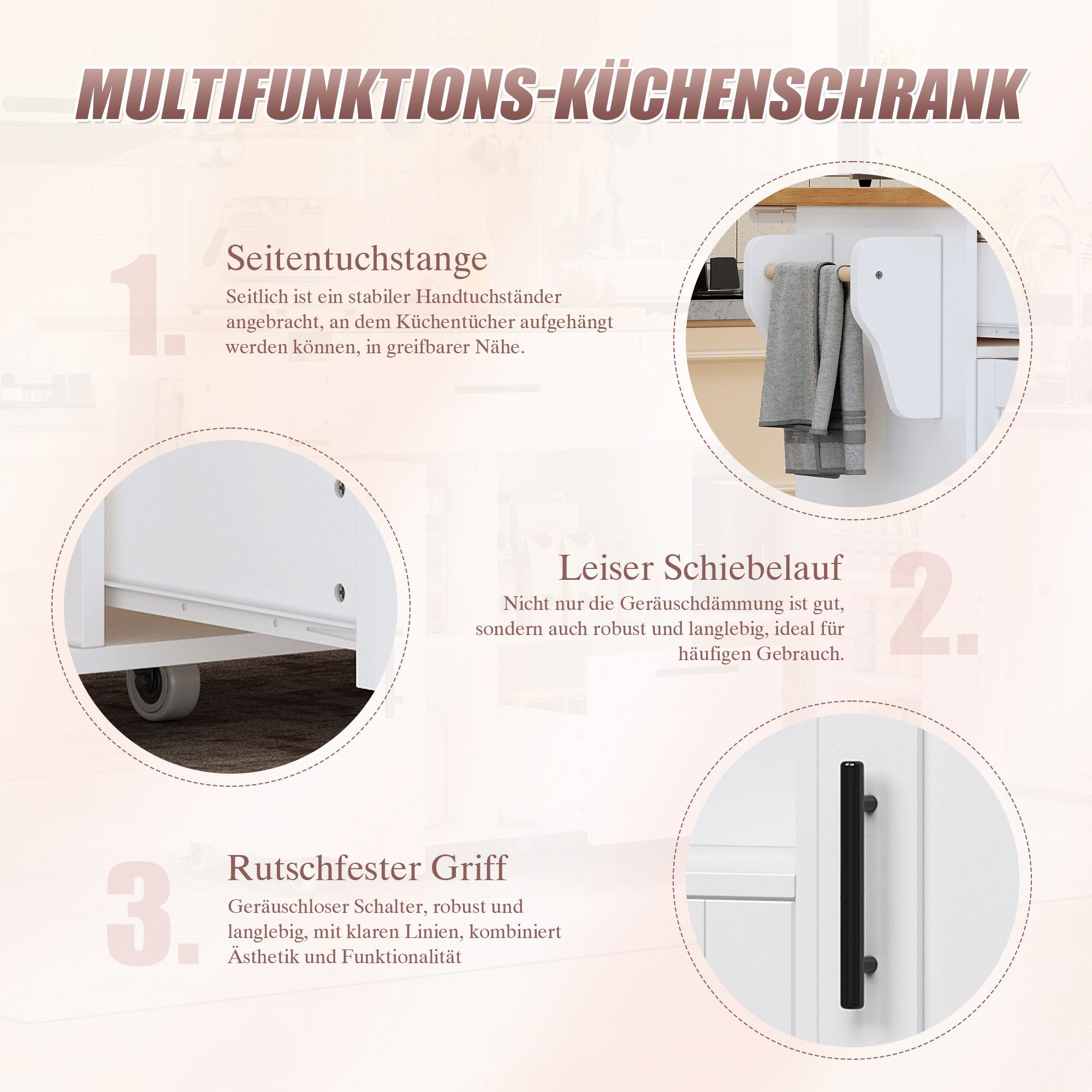 i@home Kücheninsel bewegliche Küchenwagen, (Ausziehbarer Bartisch mit Stauraum, mit Rollen und klappbarer Arbeitsplatte), mit 2 Schubladen, Weiß, 120×46(71)×90 cm