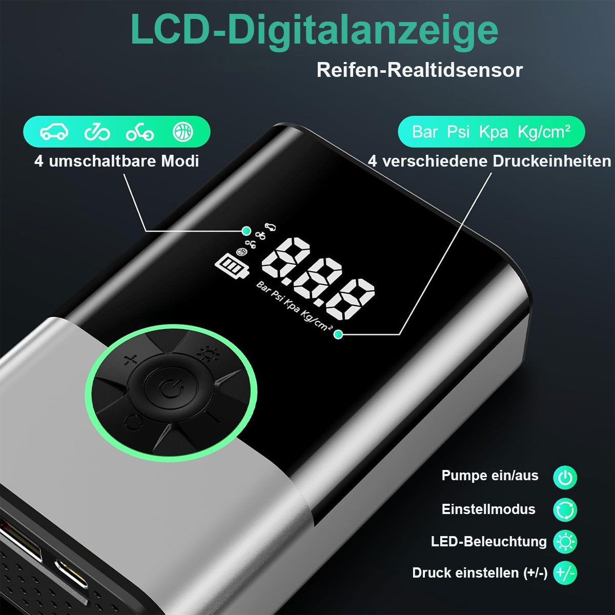 Pdgrid Akku-Luftpumpe 6000mAh Tragbare Elektronische Tragbare 150PSI Fahrradpumpe Elektrisch, luftpumpe für fahrrad,Luftkompressor Portable Electric Air