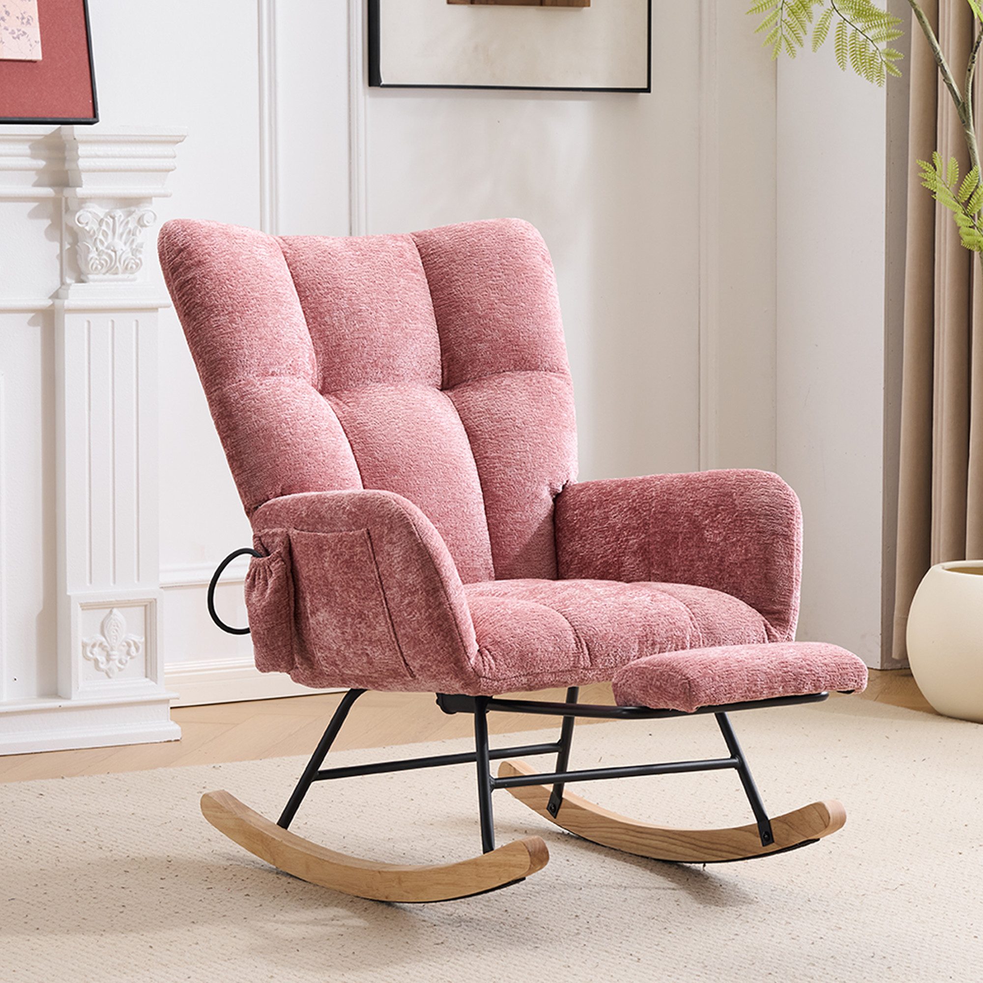 Vankel Schaukelstuhl Relaxsessel Chenille mit Fußstütze, Schaukelfunktion & Stauraum, Bequemer Schaukelstuhl mit Luftkissen-Rückenlehne für Wohnzimmer