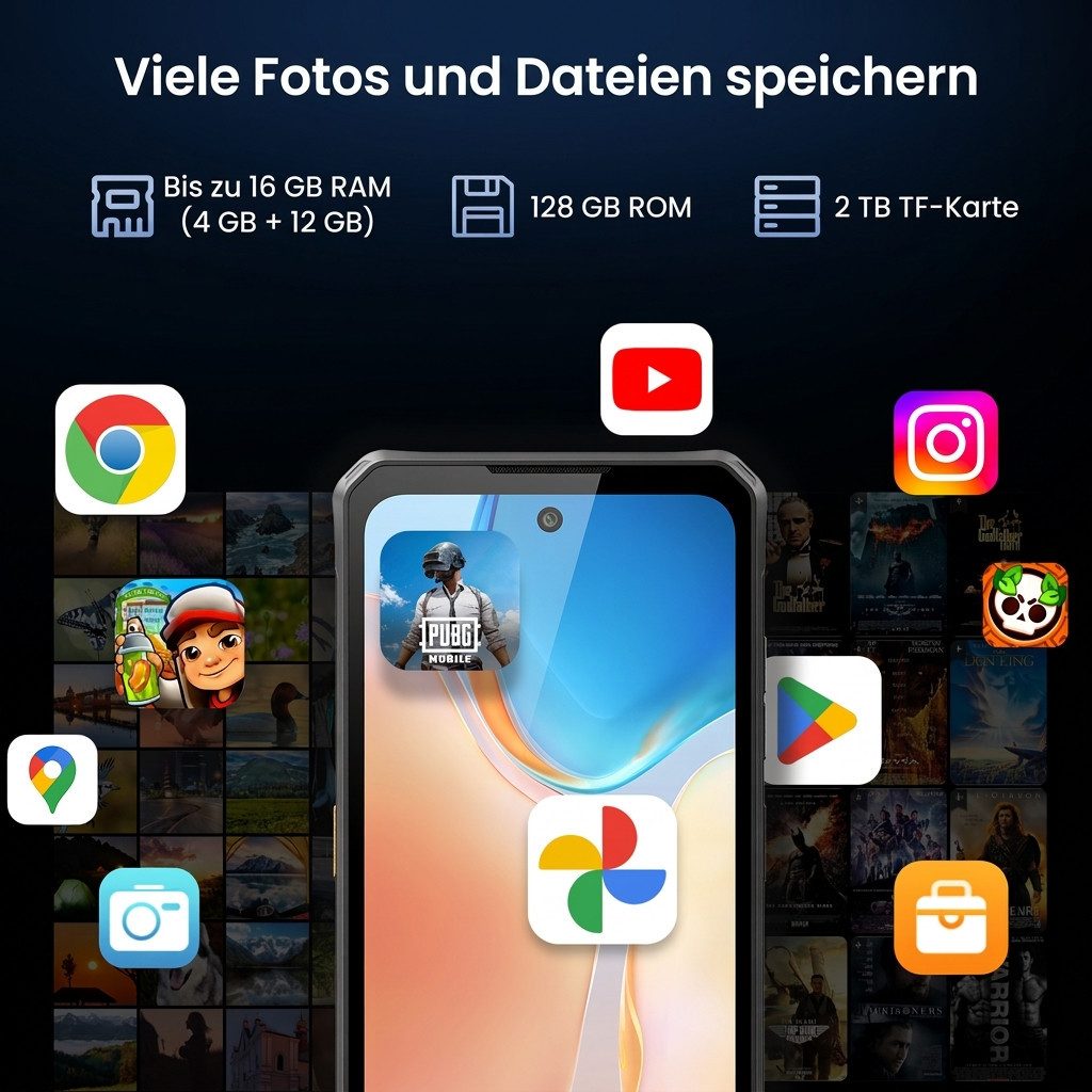 Fossibot F114 Outdoor Handy 4G 6,67 Zoll HD 5000mAh 4GB+128GB NFC Smartphone (6.67 Zoll, 128 GB Speicherplatz, 50 MP Kamera, Android 15, IP68/IP69K, BT5.0, Robu – Bild 5 von 5