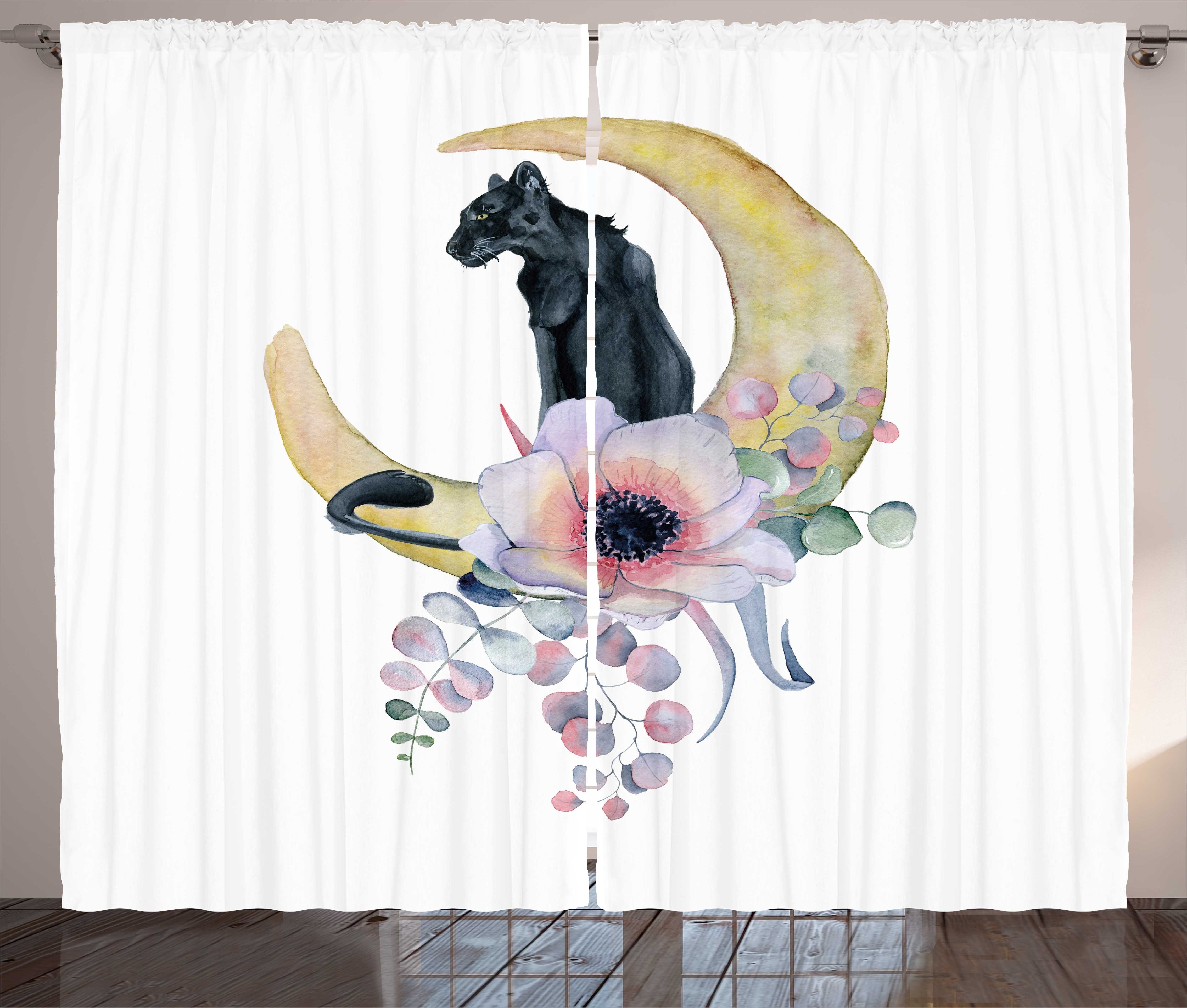Gardine Schlafzimmer Kräuselband Vorhang mit Schlaufen und Haken, Abakuhaus, Panther Tier auf Blumen Mond-Form