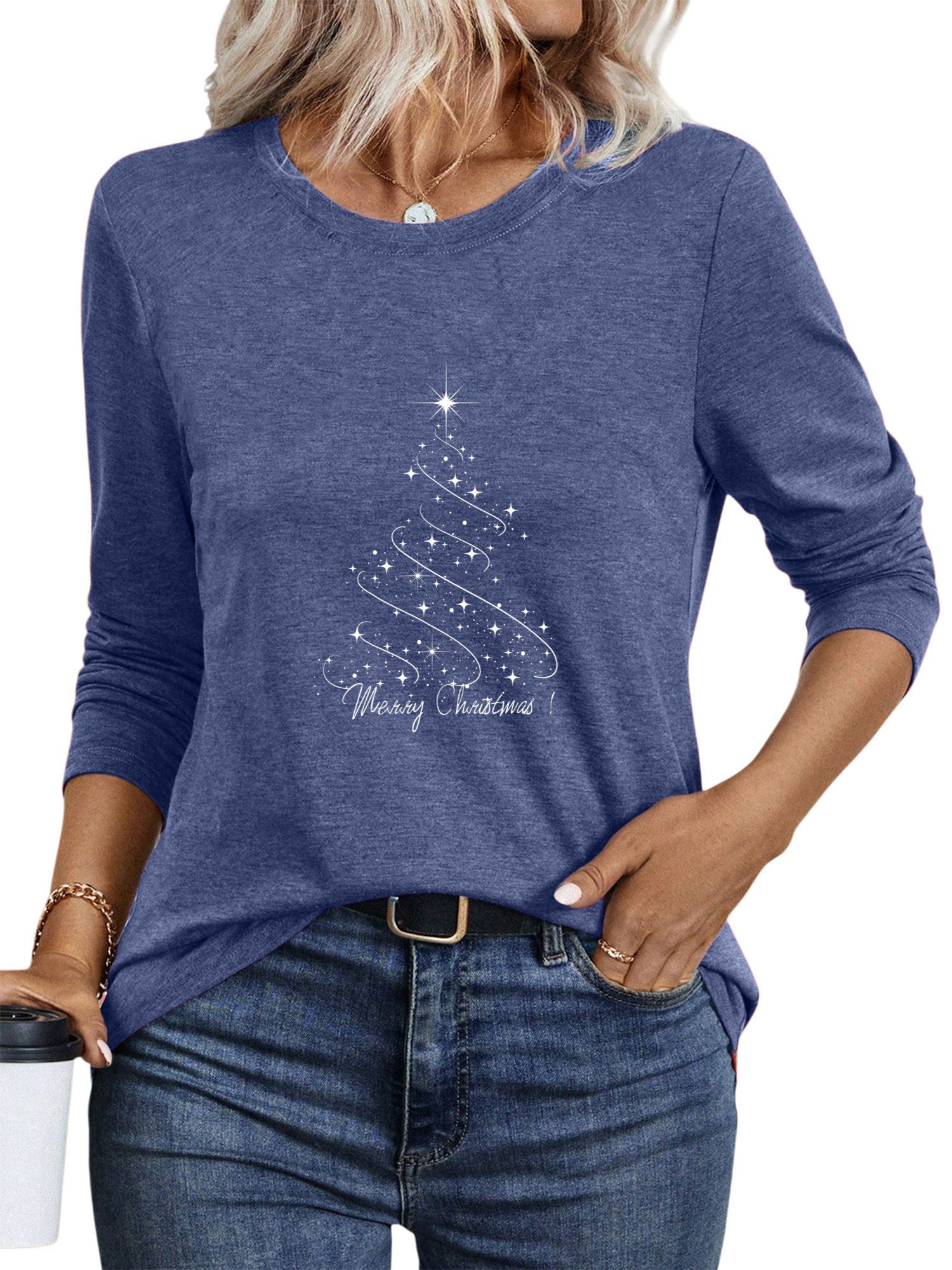 PYLIKE Rundhalsshirt Damen Festlich Langarmshirts Locker Weihnachtsbaum Pri günstig online kaufen