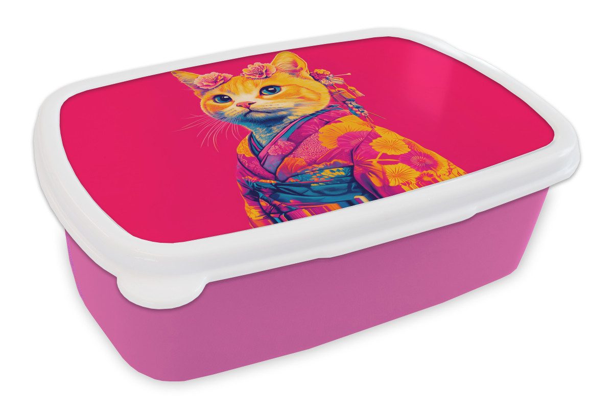 MuchoWow Lunchbox Katze - Kimono - Blumen - Rosa, Kunststoff, (2-tlg), Brotdosen, Lunch Box, Brotbox für Kinder und Erwachsene