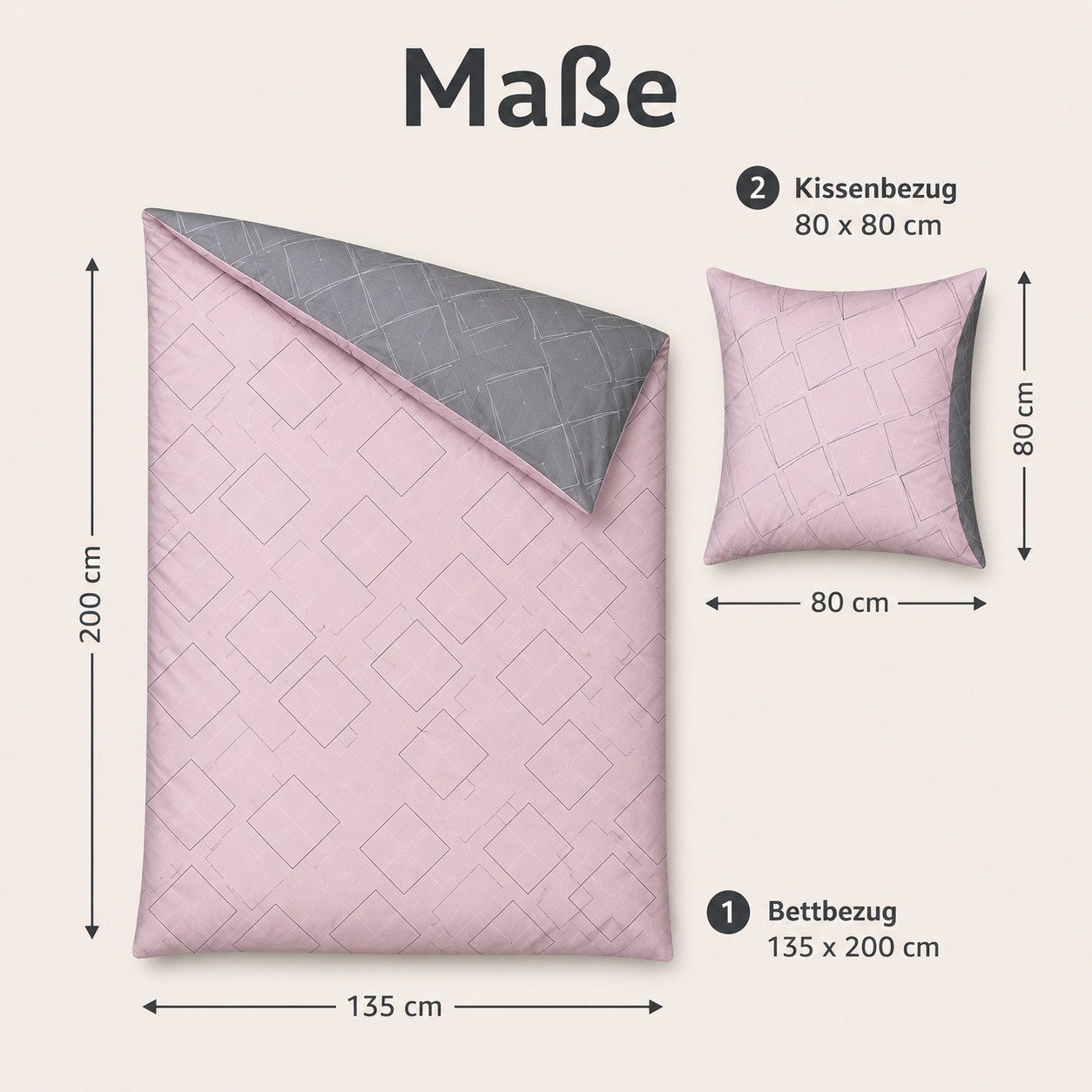soma Bettwäsche Biber Garnitur 135x200 cm grau rosa inkl. Kissen 80x80 cm Wende-Design, Biber, 2 teilig, 100 % Baumwolle, Reißverschluss, geometrisches Muster,  – Bild 3 von 5