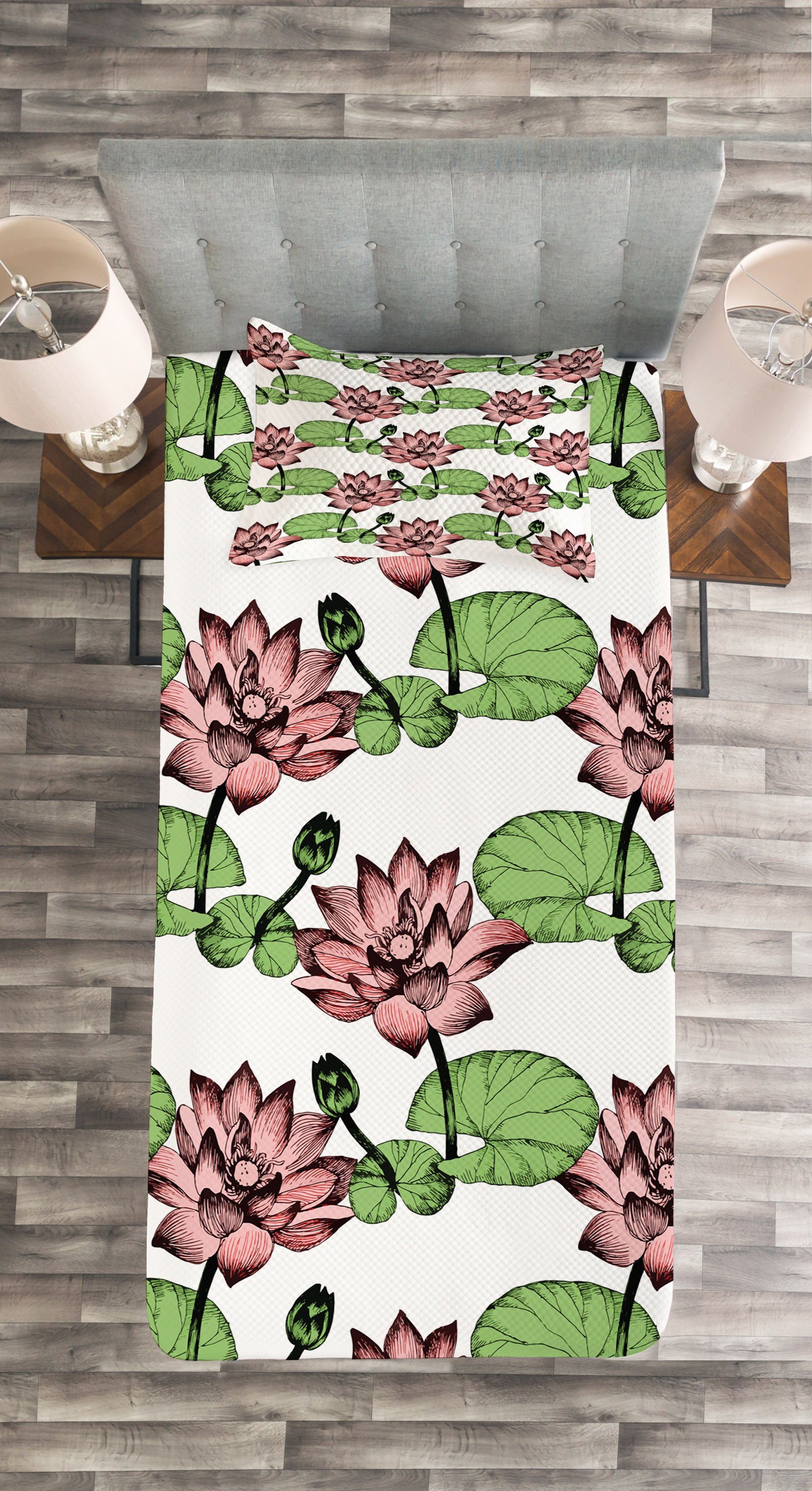 Kissenbezügen mit Wasserblumen Abakuhaus, Set Lotus Asiatische Waschbar, Tagesdecke Kunst