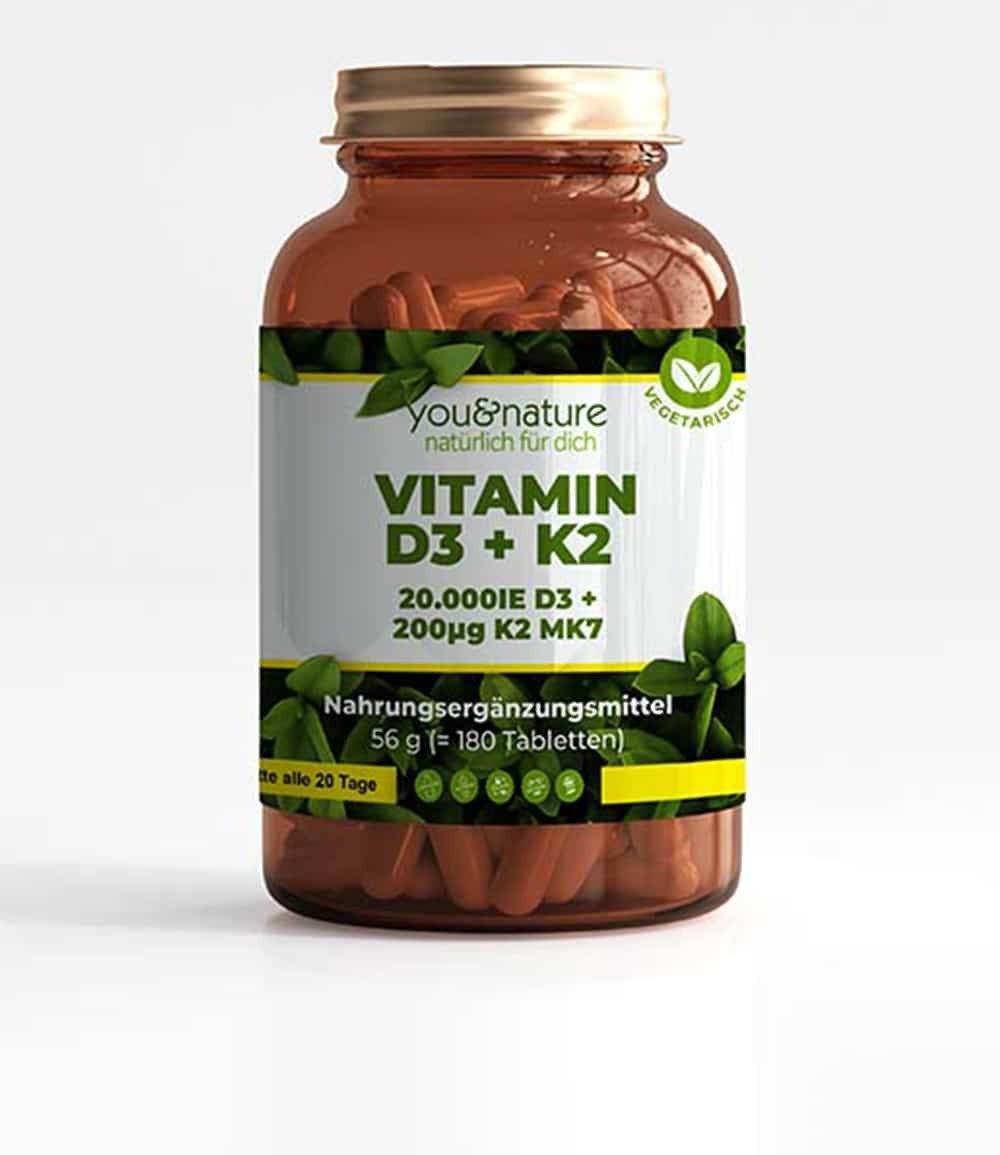You&Nature Vitamin D3 + K2 MK7 20.000 IE + 200 µg 180 Tabletten Tabletten, 180 er 0.056 g, vegetarisch, ohne Konservierungsstoffe