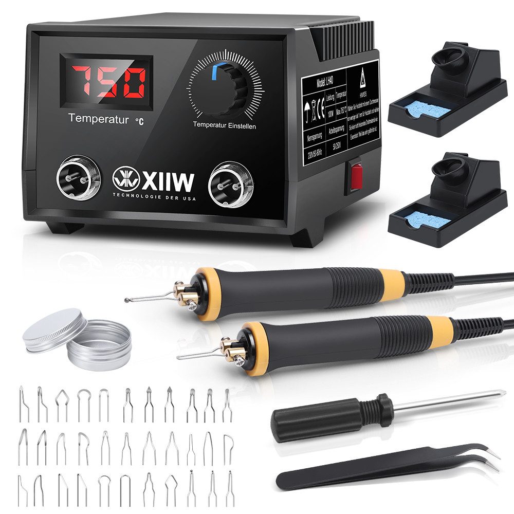 XIIW Kreativset 100W Brandmalerei Lötkolben Einstellbare Temperatur Brandstift, (0-750°C, Digitalanzeige, 33 * Stiftköpfe, für Holz, 42-tlg., Leder, Gravieren, Skulptur, 41tlg, Brandmalstation), Pyrographie Holzverbrennungs