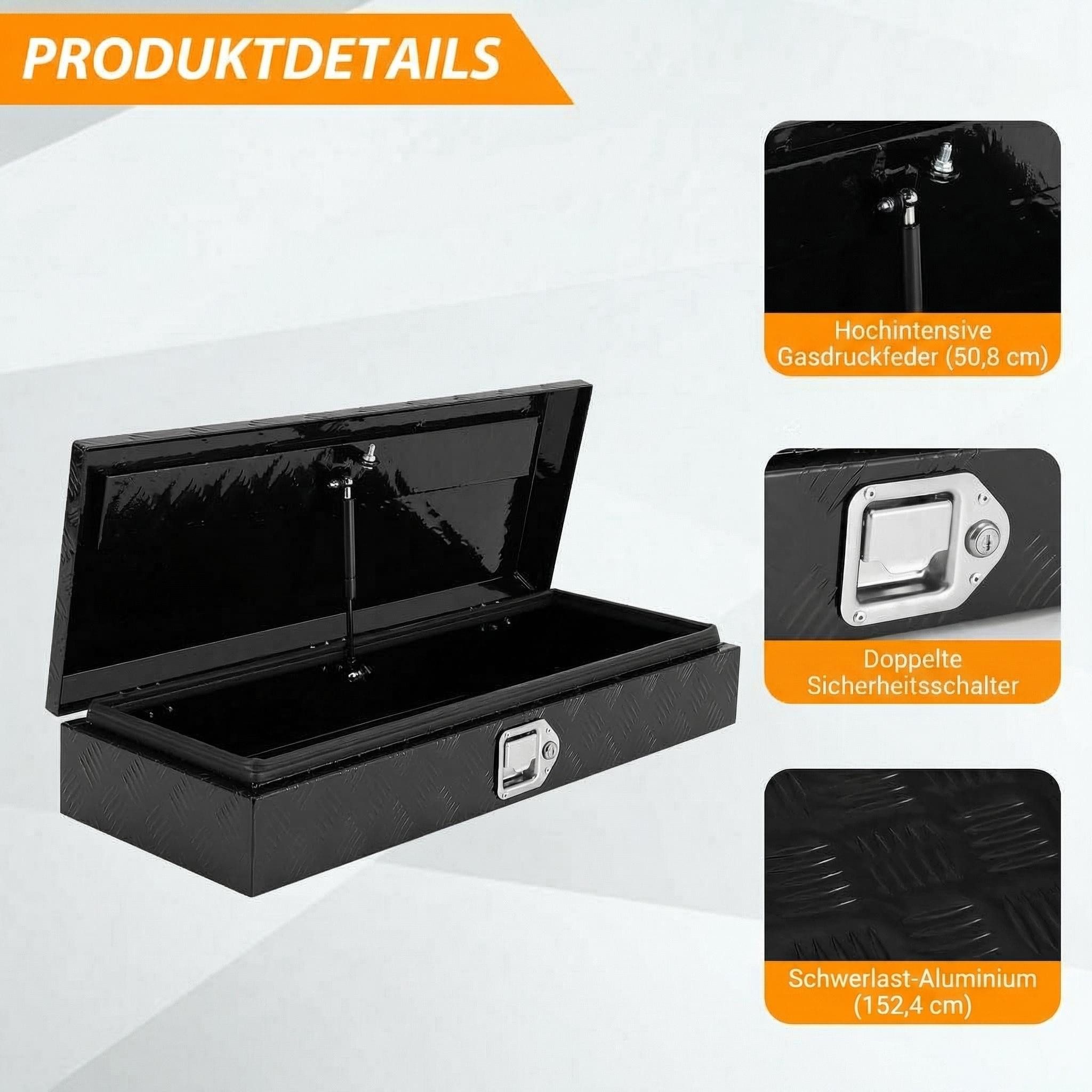 GarveeMore Anhänger-Deichselbox Aluminium-Werkzeugkiste HHF, schwarz pulverbeschichtet, abschließbar, 5-Streifen-Riffelblechdesign, mit Dichtungsring, 88 × 33 × 17 cm