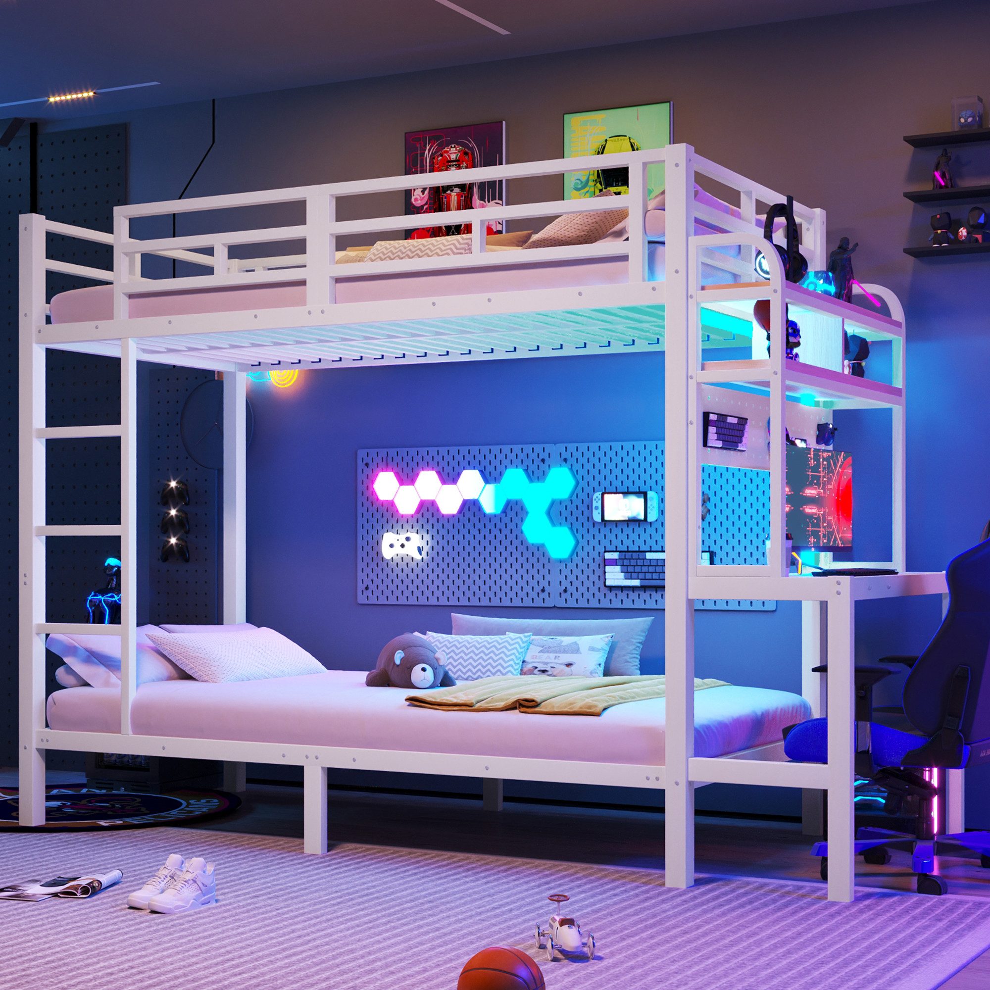 Flieks Etagenbett, Kinderbett Metallbett 90x200cm mit Stauraumregal Schreibtisch LED&USB