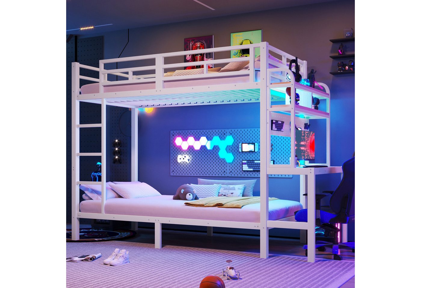 Flieks Etagenbett, Kinderbett Metallbett 90x200cm mit Stauraumregal Schreibtisch LED&USB