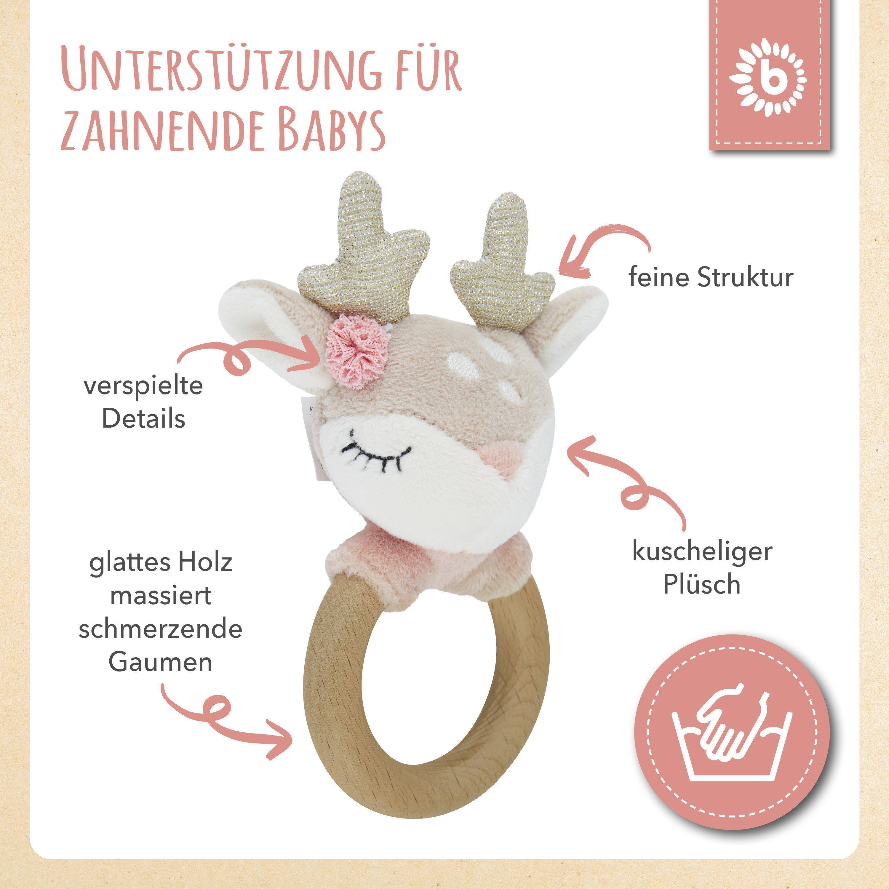 BIECO Greifspielzeug Bieco Holz Greifling Baby Rassel Länge 15cm Niedliche Reh Babyrassel