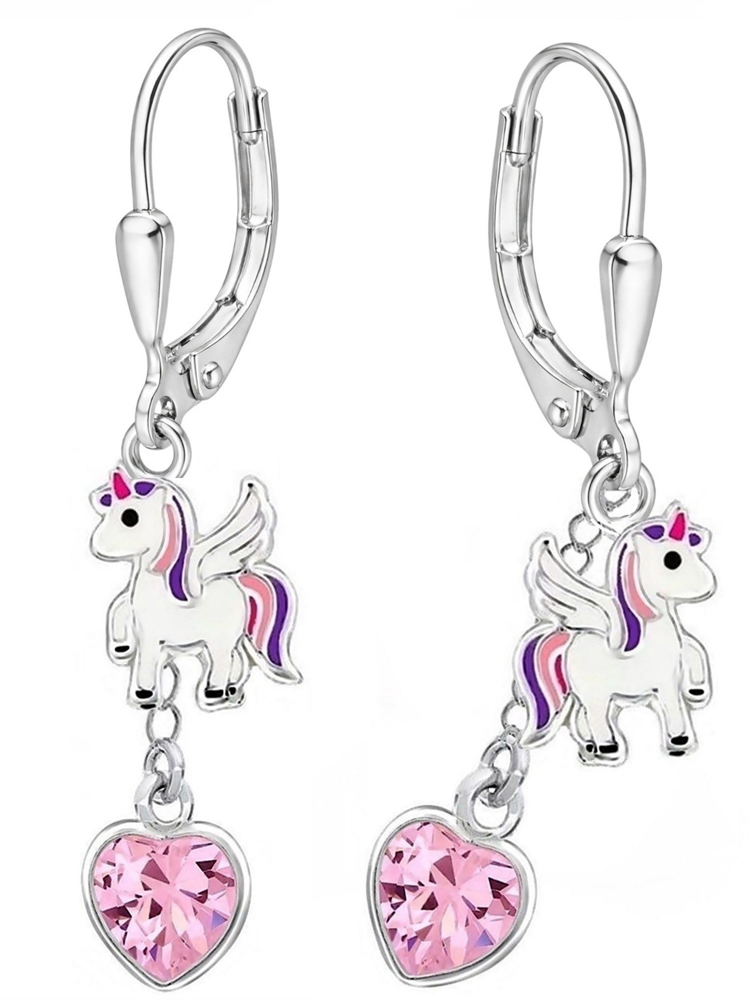 Goldene Hufeisen Paar Ohrhänger Einhorn Pferd mit Rosa Herz Zirkonia Klappbrisuren aus 925 Silber (1 Paar, inkl. Etui), Hypoallergen und hautfreundlich