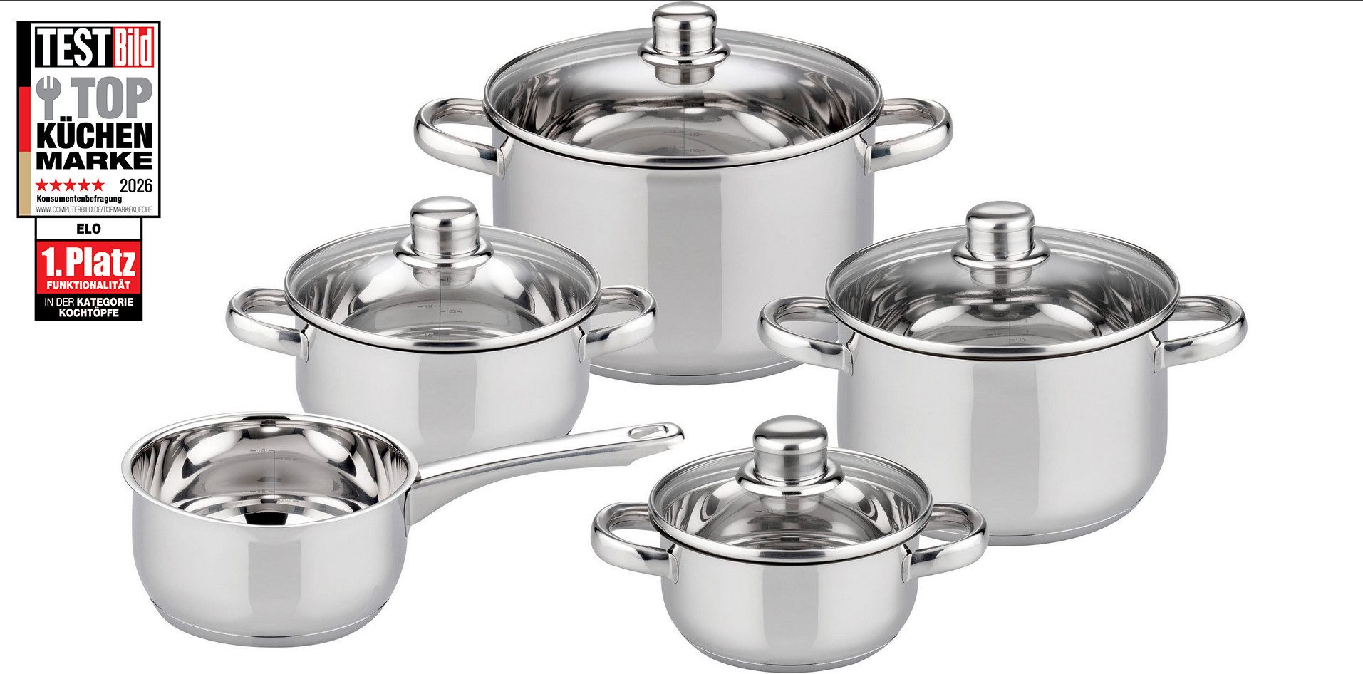 Elo Basic Topf-Set Galactica, Edelstahl 201 (Set, 9-tlg., je 1 x Kochtopf mit Deckel Ø 14/16/20/24 cm, 1 Stielkasserolle Ø 16 cm), Induktion