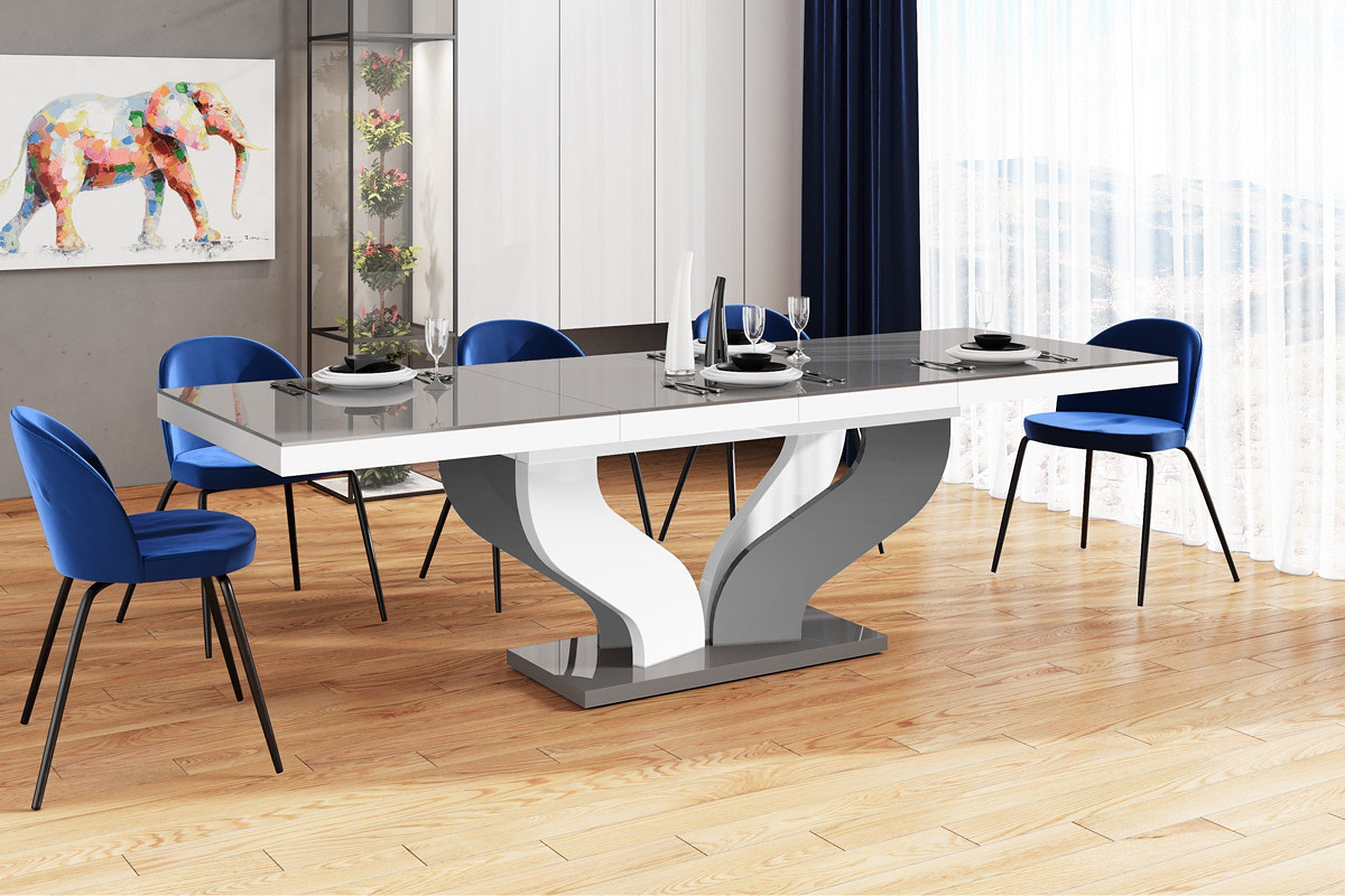 designimpex Esstisch Design Tisch HEB-222 Grau / Weiß Hochglanz ausziehbar 160 bis 256 cm Grau Hochglanz / Weiß Hochglanz