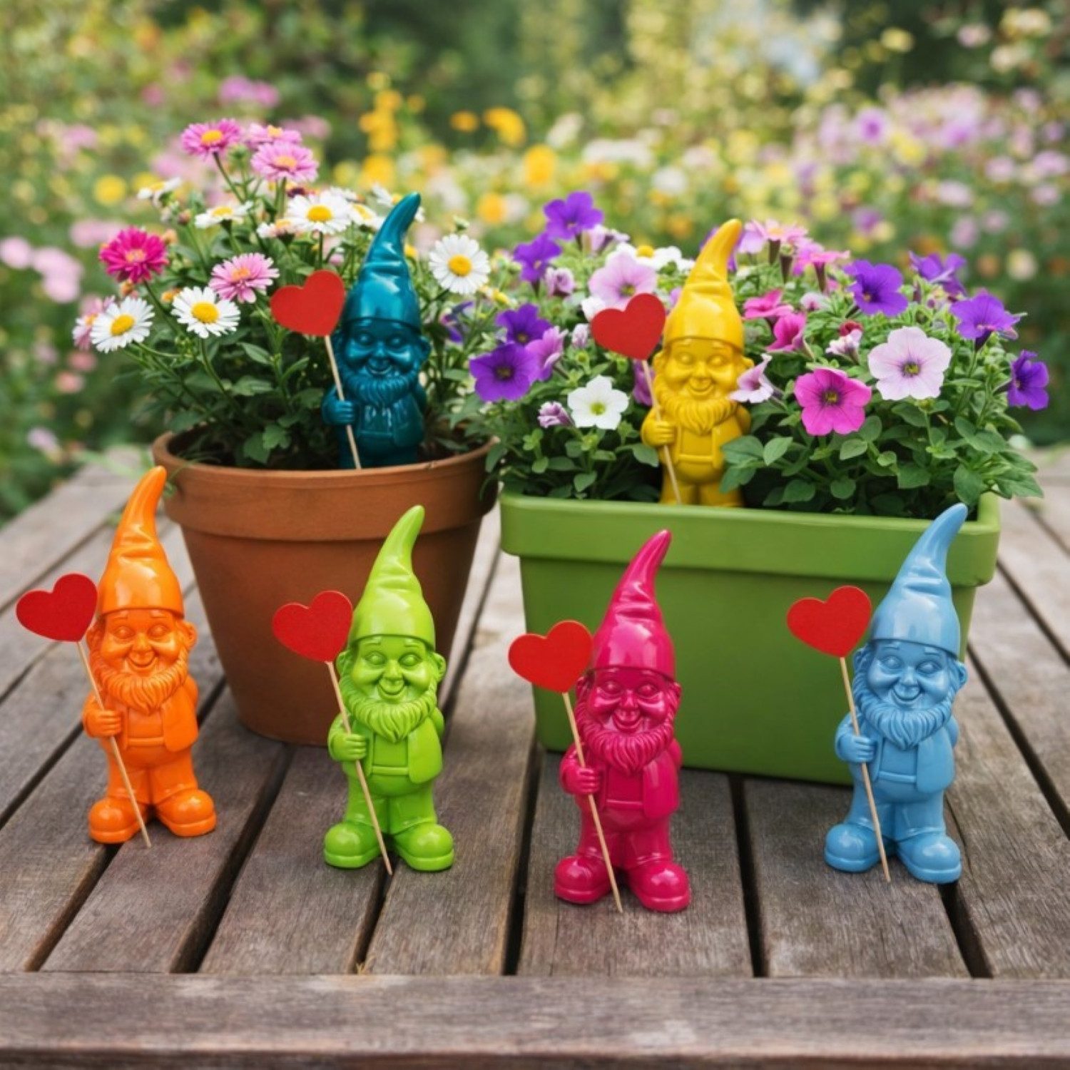 Online-Fuchs Gartenfigur für draußen - 6 lustig bunte Gartenzwerge, Wichtel - 17,5 cm groß, (inklusive Holzstecker mit Herz, 6 knallige Farben), Deko Figuren für Frühling, Sommer und Herbst - 6er Set!!!!