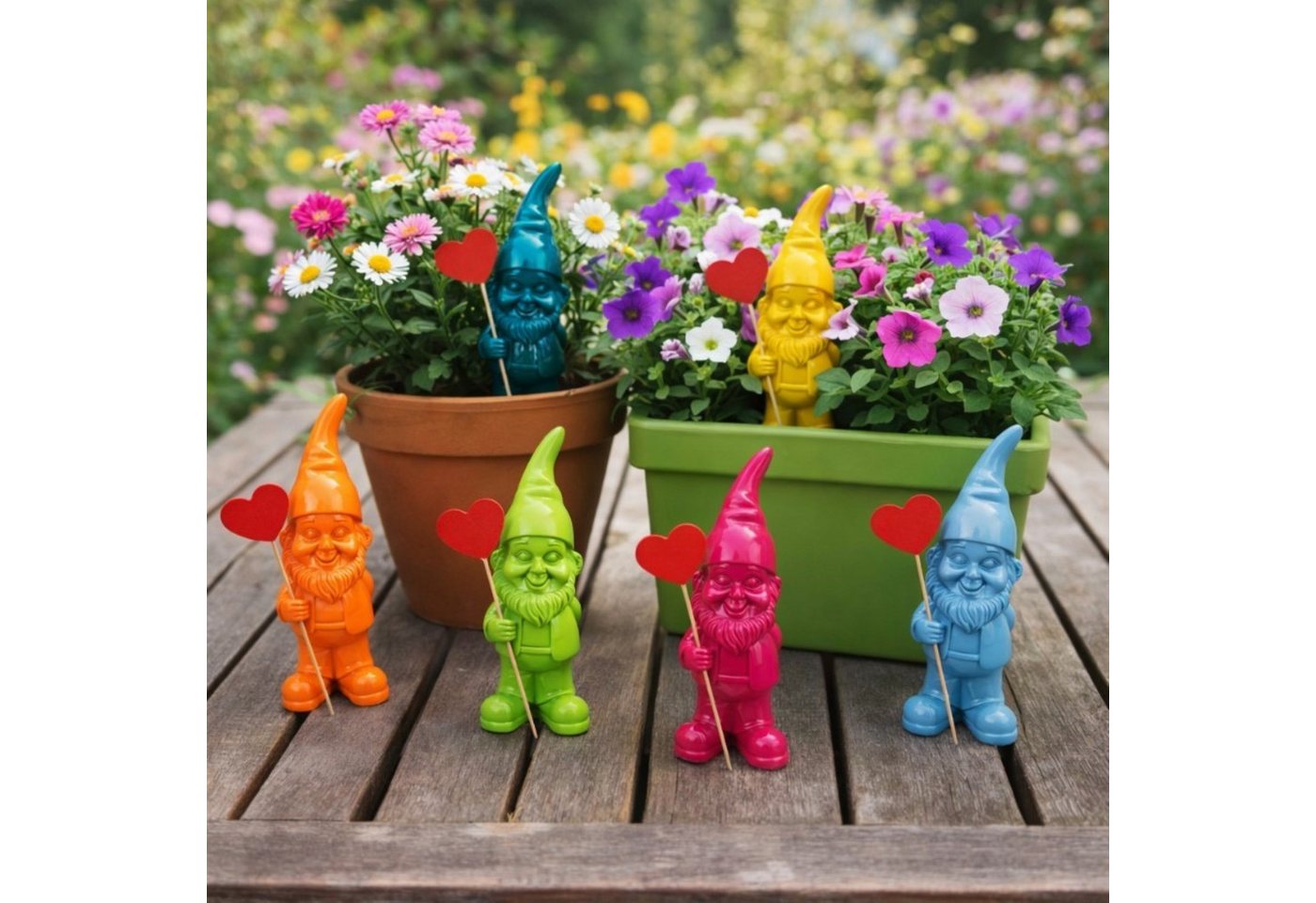 Online-Fuchs Gartenfigur für draußen - 6 lustig bunte Gartenzwerge, Wichtel - 17,5 cm groß, (inklusive Holzstecker mit Herz, 6 knallige Farben), Deko Figuren für Frühling, Sommer und Herbst - 6er Set!!!!