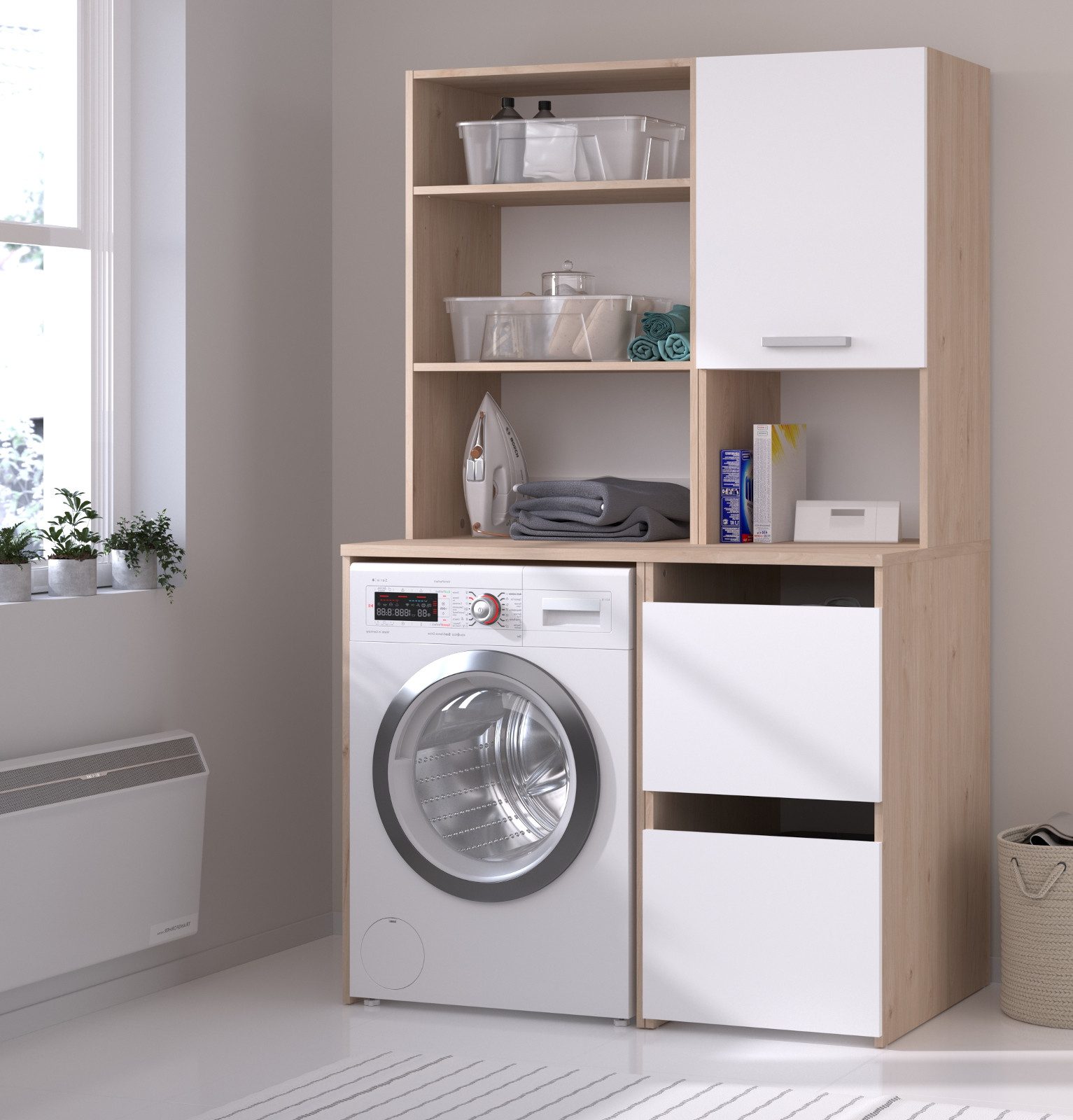 Parisot Waschmaschinenumbauschrank Laundry (Set mit Hochschrank, in weiß und Eiche, Breite 111 cm) mit viel Stauraum – Bild 5 von 5