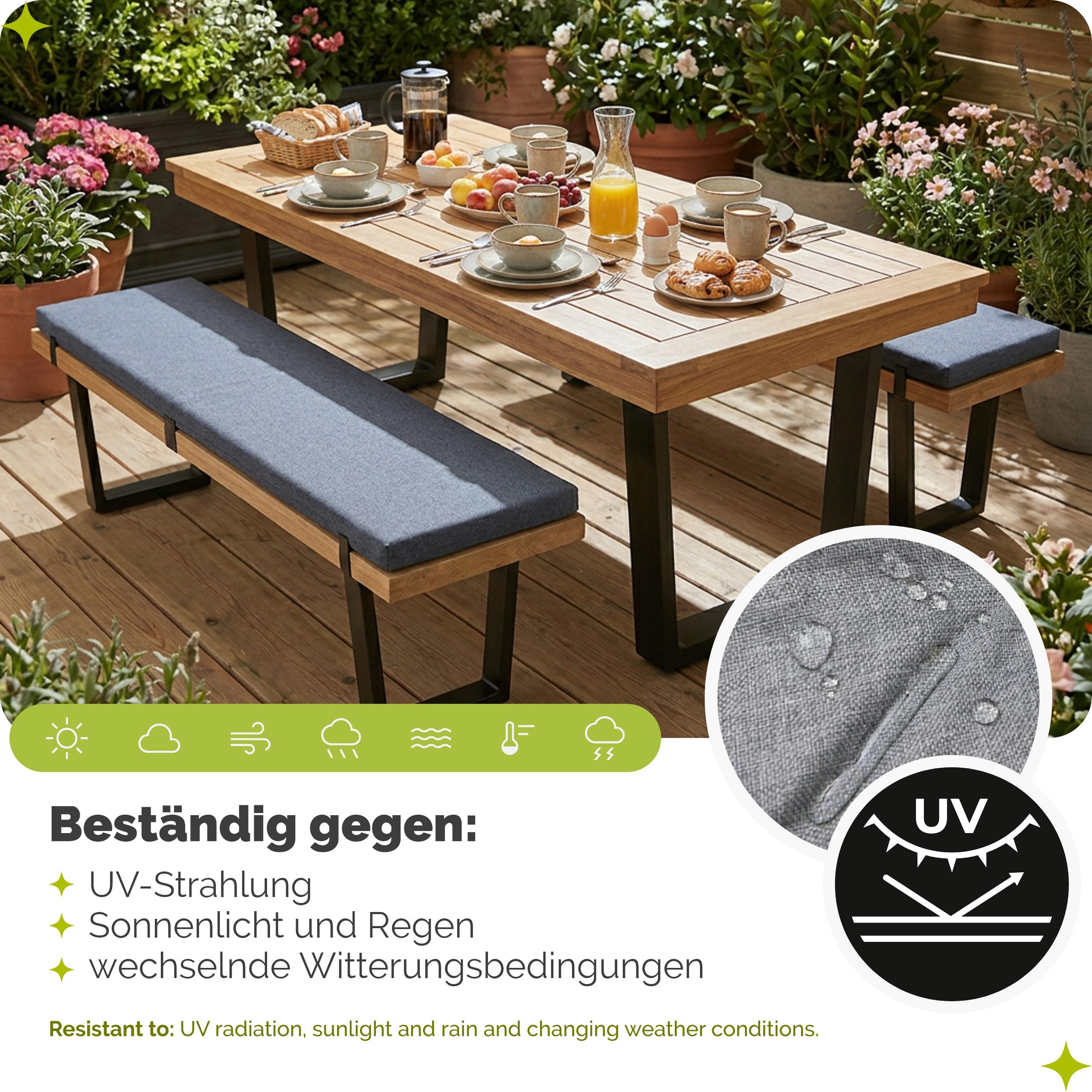 Garronda Bankauflage 100-200 cm, ca. 4 cm dick, wasserabweisend, mit Bändern GD-0220, (1 St), Hypoallergen, UV-beständig, Wasserbeständig