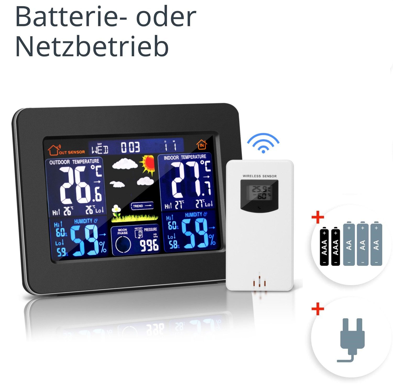 Wetterstation Drahtlose Wetterstation mit Außensensor Anzeige von Wetter Temperatur