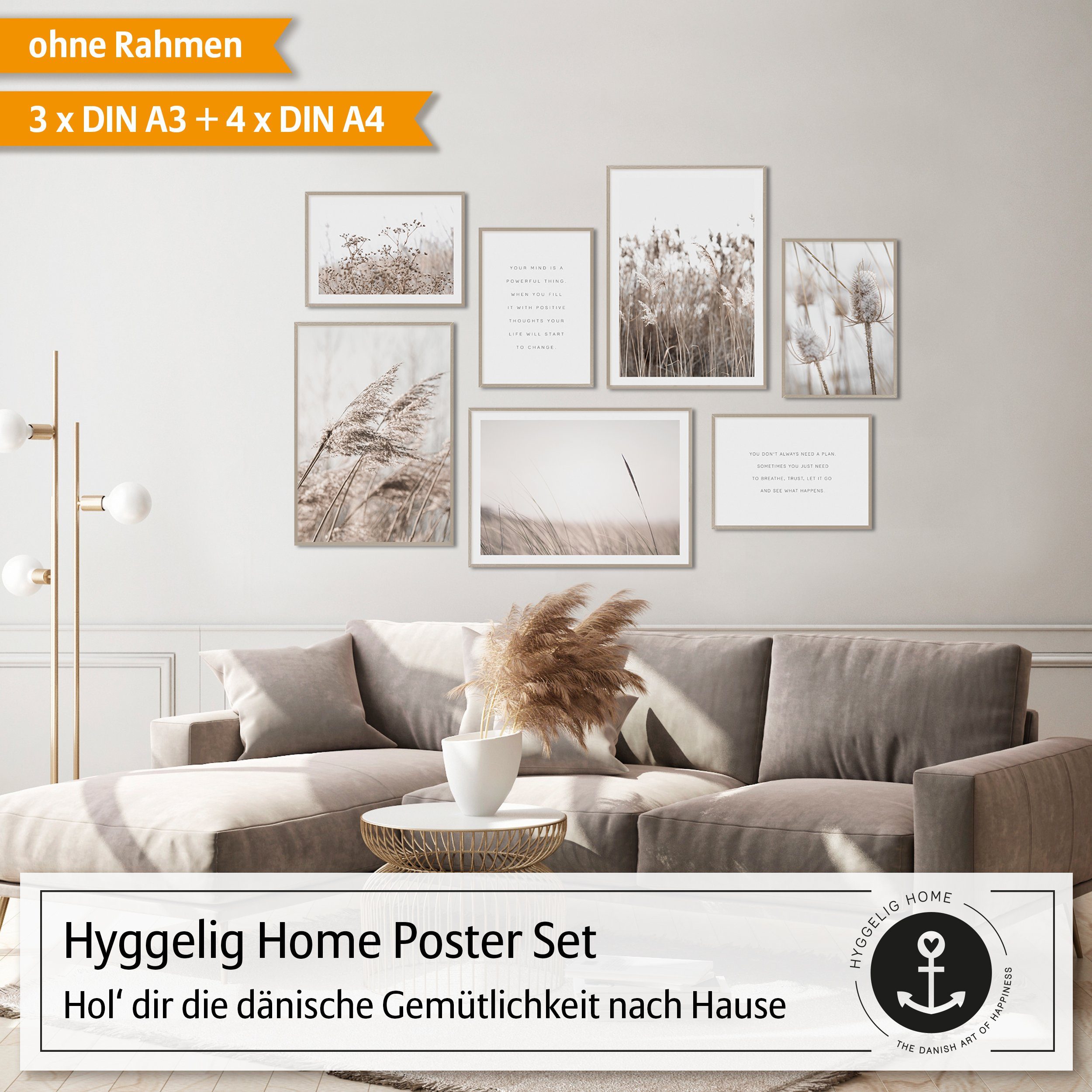 Hyggelig Home Poster Gräser - Premium Poster Set OHNE & MIT Rahmen - 7 Wandbilder beige, Pflanze (Set, 7 St), Collage Motivation, Qualitätsdruck dickes Papier