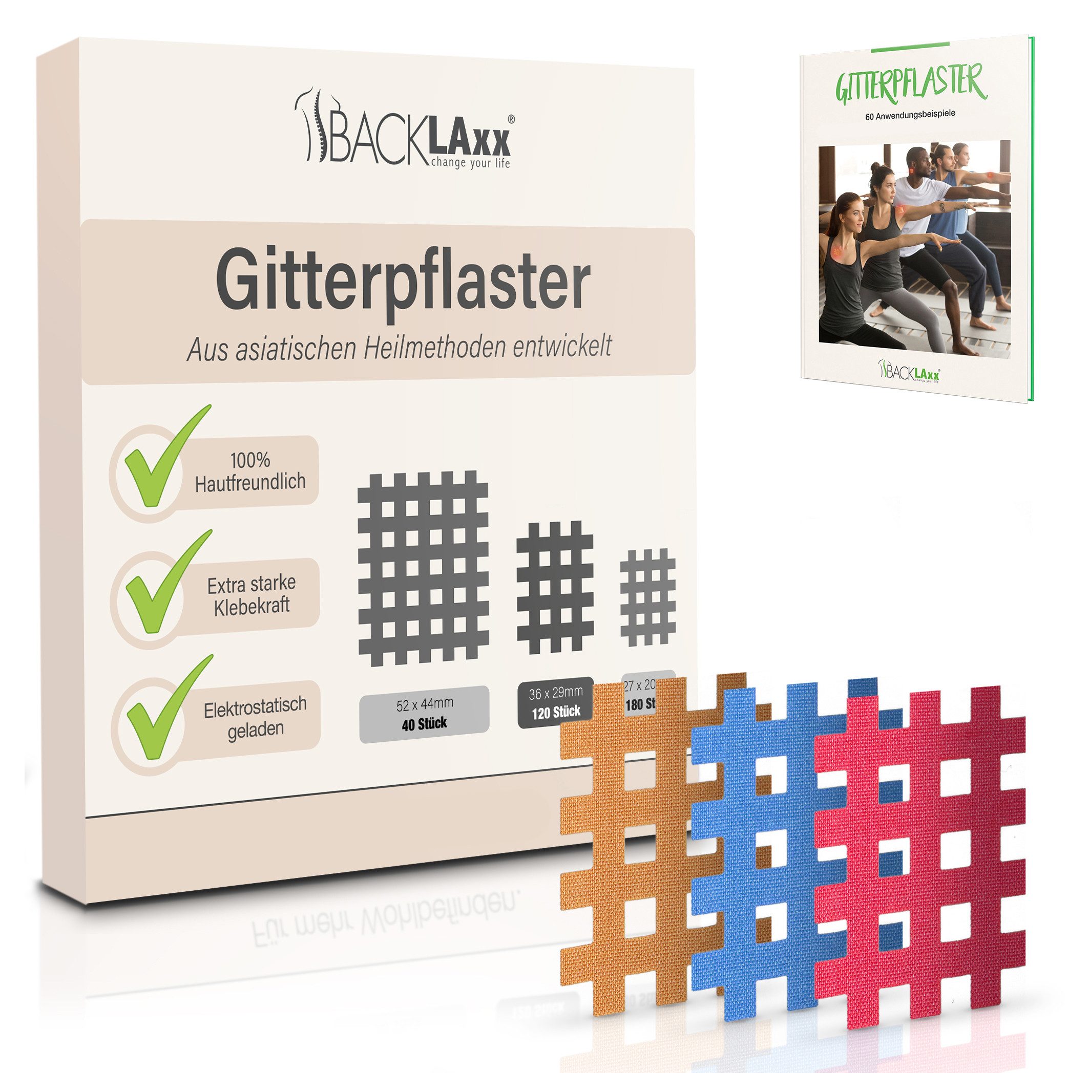 BACKLAxx® Kinesiologie-Tape Gitterpflaster Cross Tape Gittertape Kinesiotape (Typ a, b, c, 120-St) hautfreundlich, starke Haftung - für Alltag & Sport