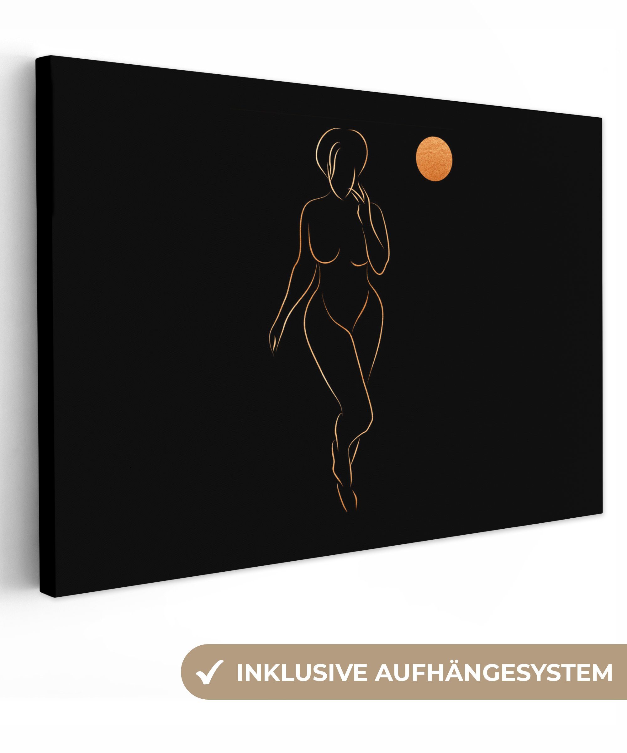 OneMillionCanvasses® Leinwandbild Frau - Mond - Schwarz - Strichzeichnung, (1 St), Wandbild Leinwandbilder, Aufhängefertig, Wanddeko, 30x20 cm