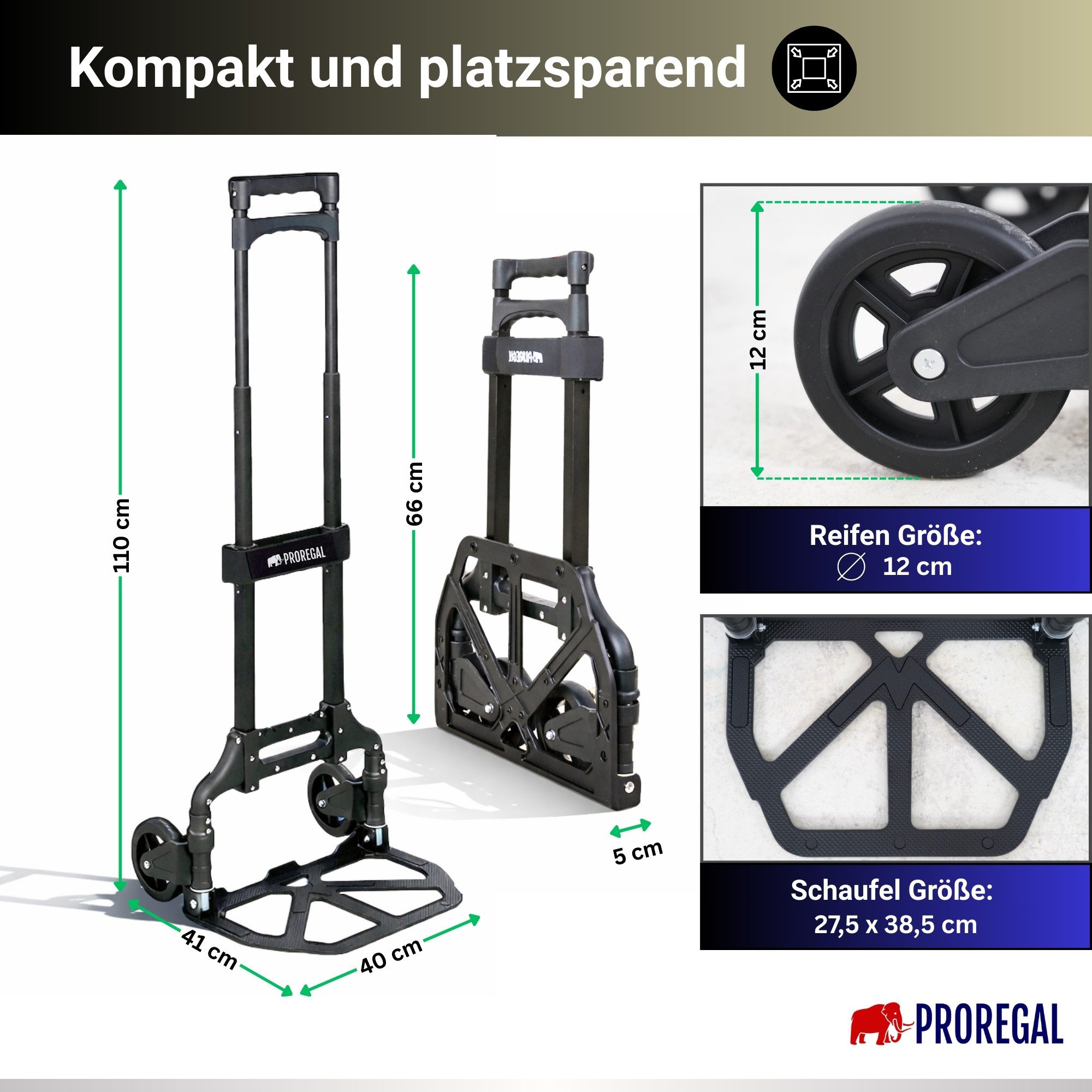 PROREGAL® Sackkarre ELEPHANT mit Profi-Alu-Rahmen klappbar ergonomisch Vollgummibereifung, Klappbare Sackkarre Transportkarre Staplerkarre hohe Traglast – Bild 4 von 5