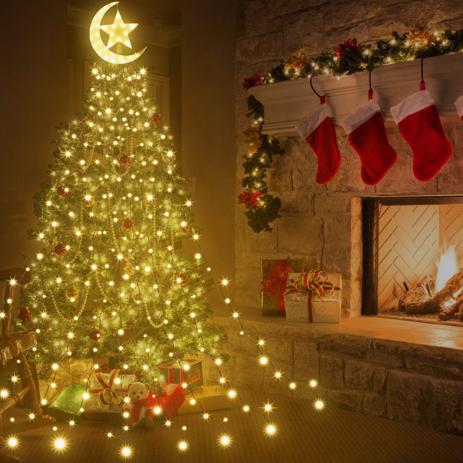 Dach Weihnachten, Mondstern; 8 wasserdicht, 3.47M, Deko; Ramadan; Innenhof für 350-flammig, Baum Warmweiß Speicherfunktion; Topper LED-Baummantel mit Timer, 9 Stränge, Modi, Rosnek