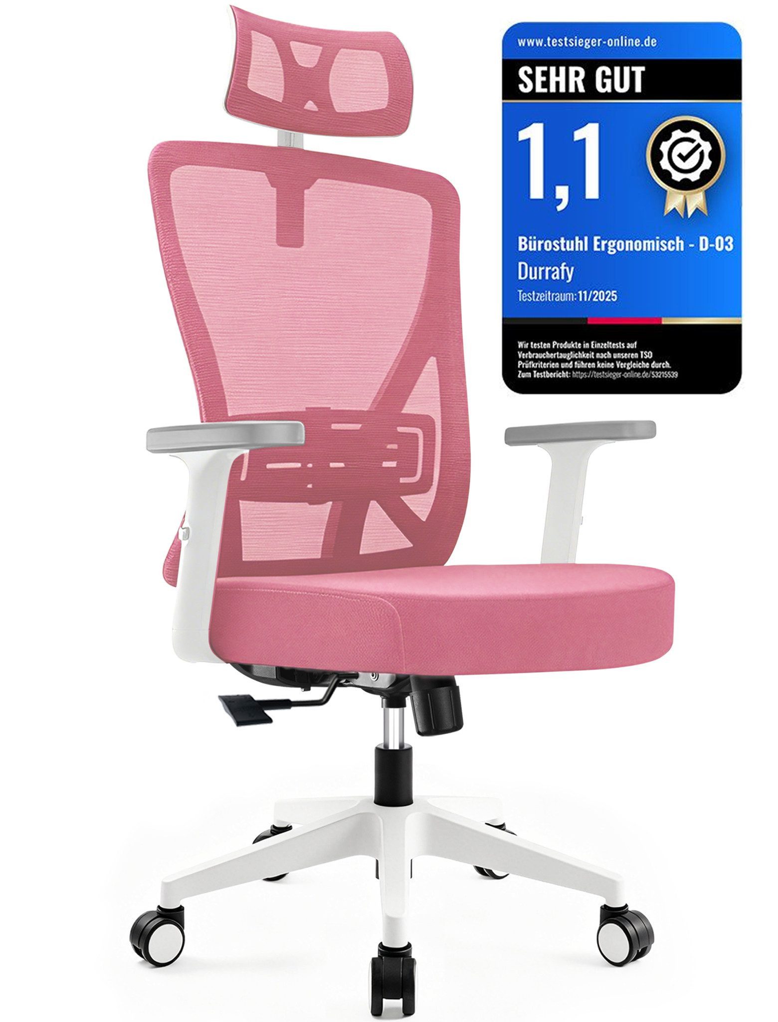 Durrafy Bürostuhl 200kg Ergonomischer Bürostuhl-Verstellbare Lordosenstütze (Verstellbare Lendenwirbelstutze + Kopfstutze + hohenverstelbare Armlehnen),bis zu 130° neigbar, atmungsaktives Netzgewebe, Drehstuhl),bis zu 130° neigbar, atmungsaktives Netzgewe