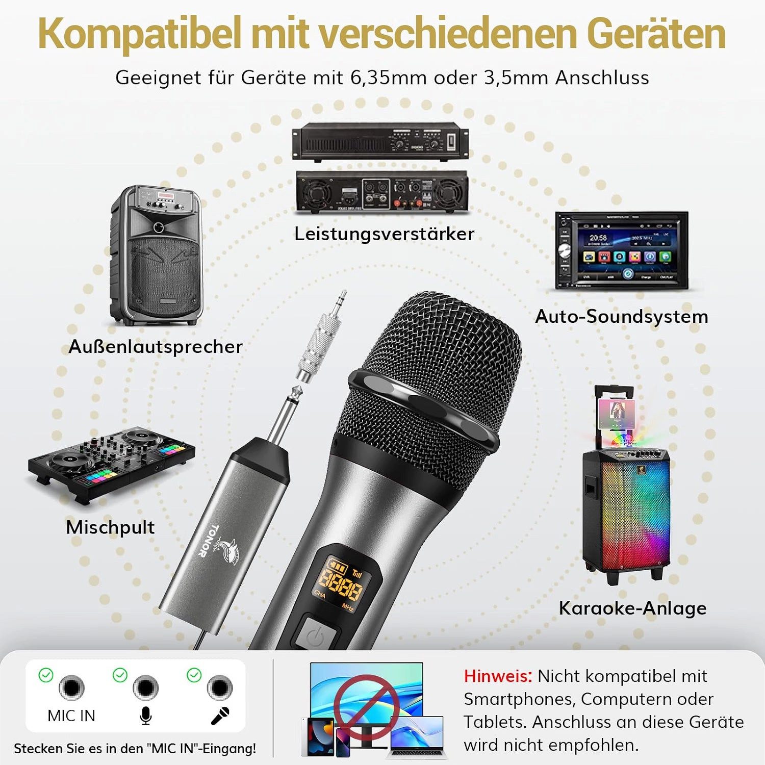TONOR Mikrofon TW620 UHF Funkmikrofon Set kabellos 60 m 5 Kanäle Metall Plug & Play (Set, 2-tlg), UHF, 60 m Reichweite, 5 Frequenzkanäle, Metallgehäuse, Plug &  – Bild 5 von 5
