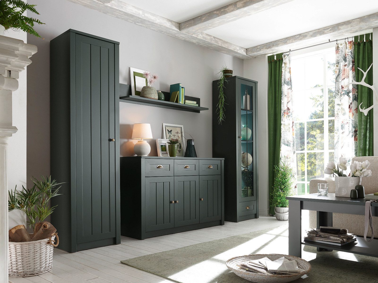 Furn.Design Wohnwand Forres, (Schrankwand in mattem Landhaus Grün, 4-teiliges Set ca. 270 x 197 cm), mit viel Stauraum
