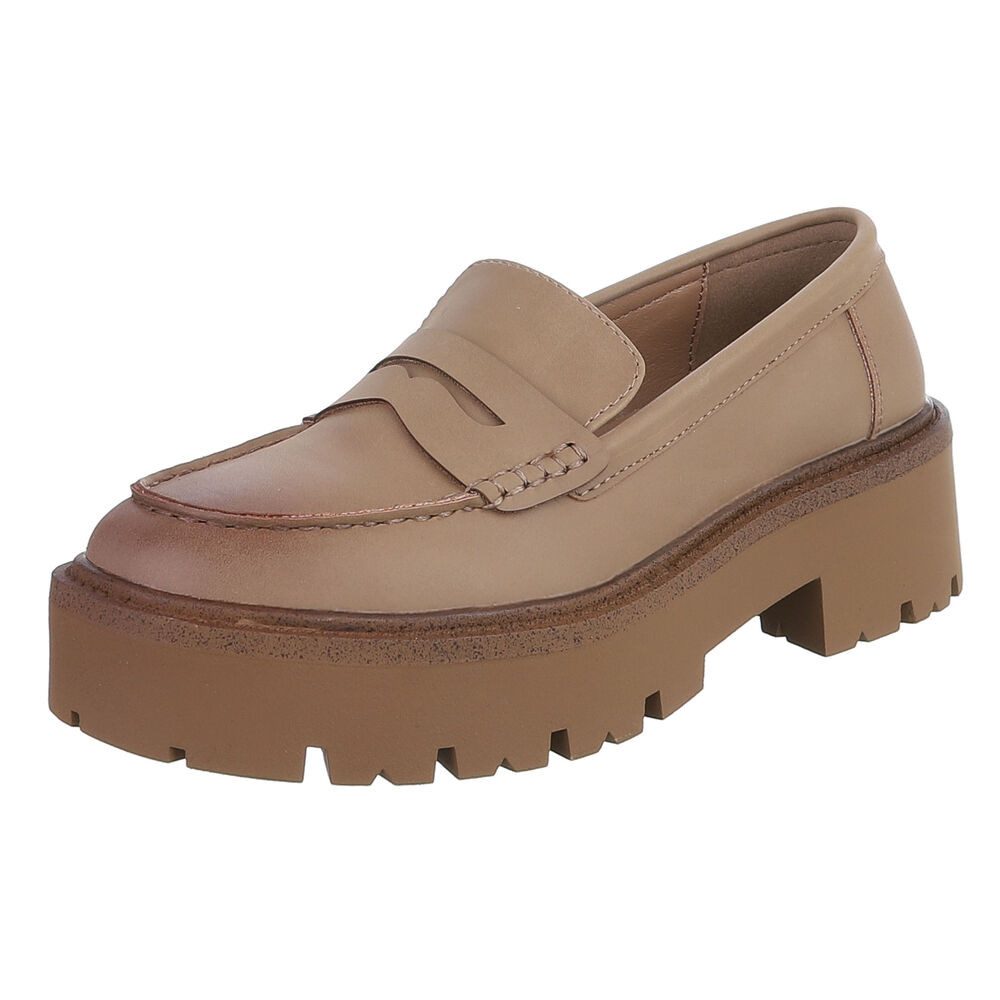 Ital-Design Elegante Plateau-Lederloafers für Damen im Alltag Slipper (91261543) Blockabsatz Mokassins in Hellbraun