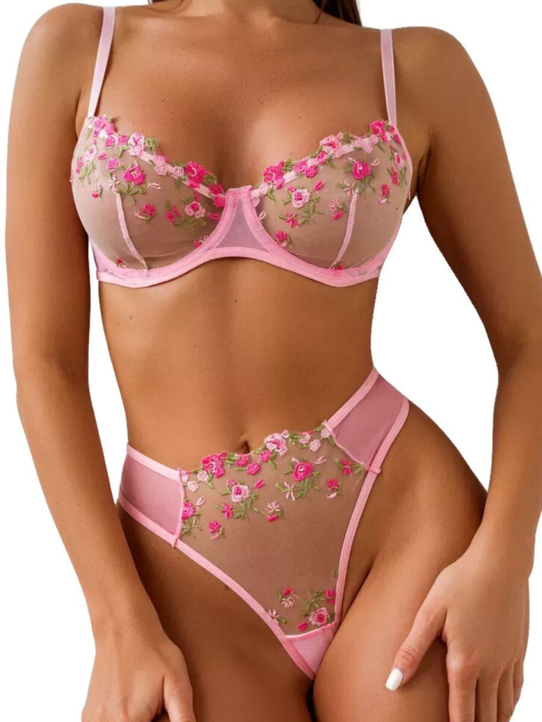 Elegant Love Set: Push-up-BH Bestickter BH & Tüll-Tanga, Transparentes Mesh-Dessous (Set, 2-tlg., mit String, Panty) elegantes Lingerie Sexy Set, Unterwäsche für Frauen