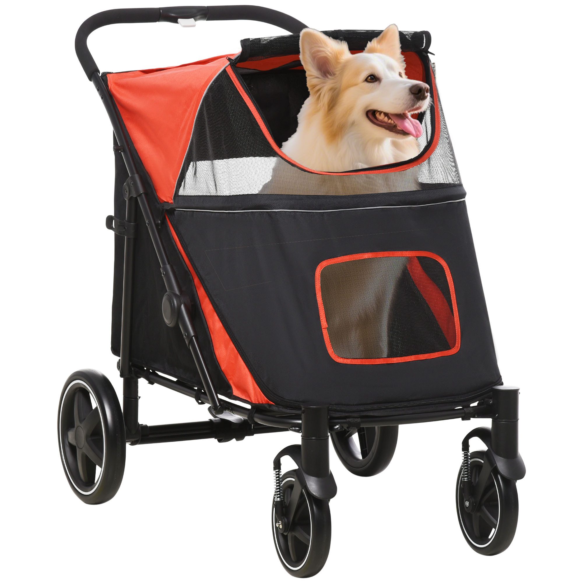 PawHut Hundebuggy mit Kissen, Netzfenster, Sicherheitsleinen, Tasche, (Hundewagen, 1-tlg), für große und mittelgroße Hunde, Oxfordstoff, Rot