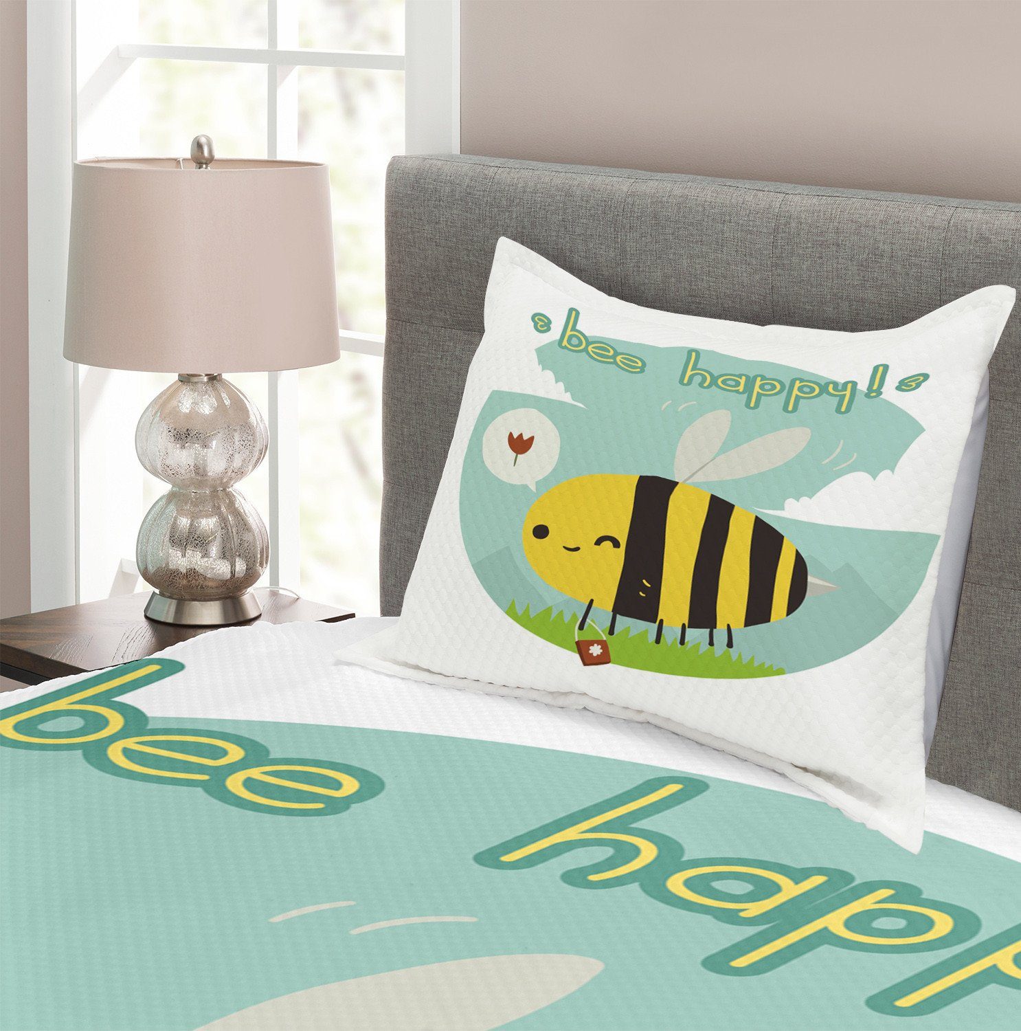 Set Happy Bee Abakuhaus, Kissenbezügen Doodle Tagesdecke Waschbar, Bienenkönigin mit