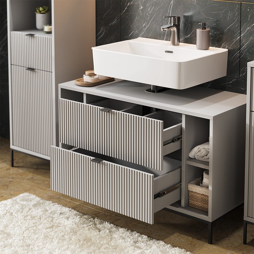 Vicco Waschbeckenunterschrank Eliza, Grau, 100 x 63 cm mit 2 ausziehbaren Schubladen (1-St) – Bild 5 von 5