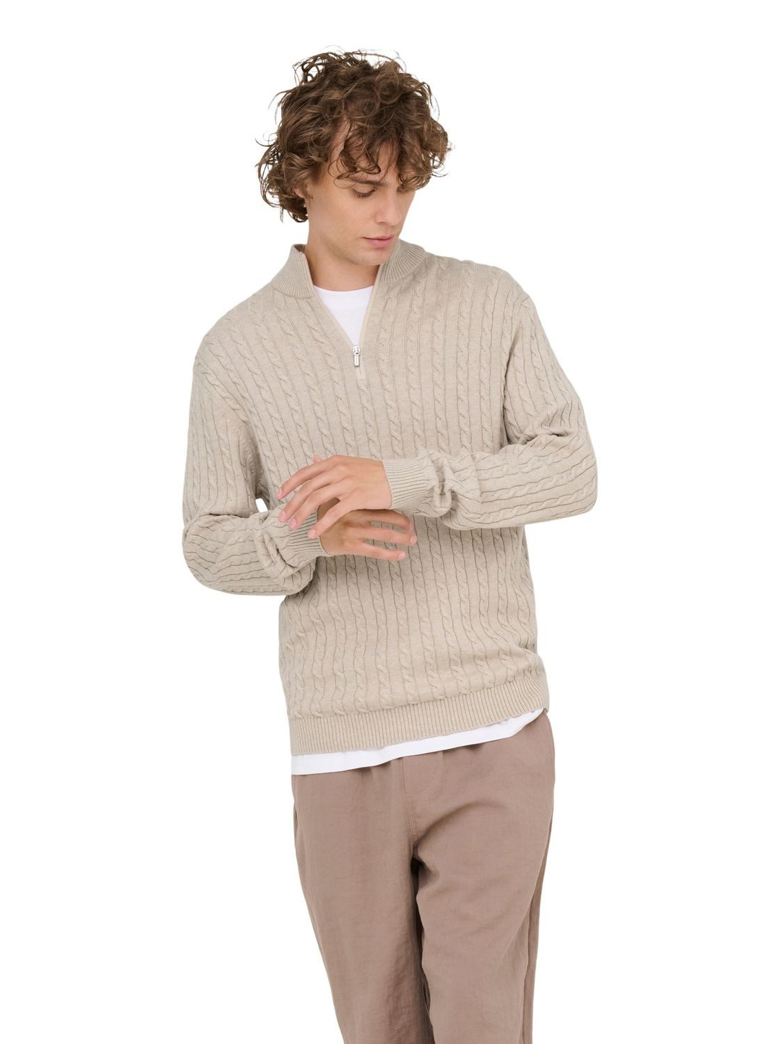 ONLY & SONS Strickpullover ONSLOUI REG 12 CABEL HALF ZIP KNIT aus Baumwollmix