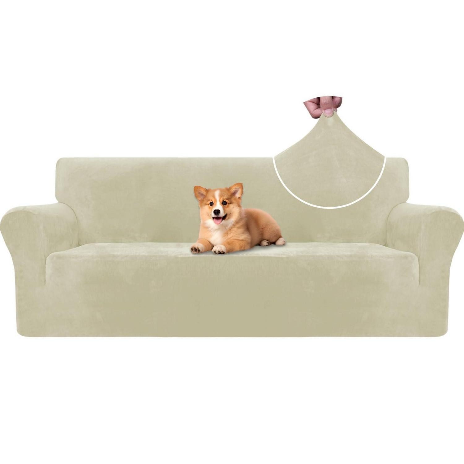 LuxusKollektion Sofahusse Sofabezug Samt elastisch Haustier Katze Hunde Beige 3 Sitzer, Couchbezug