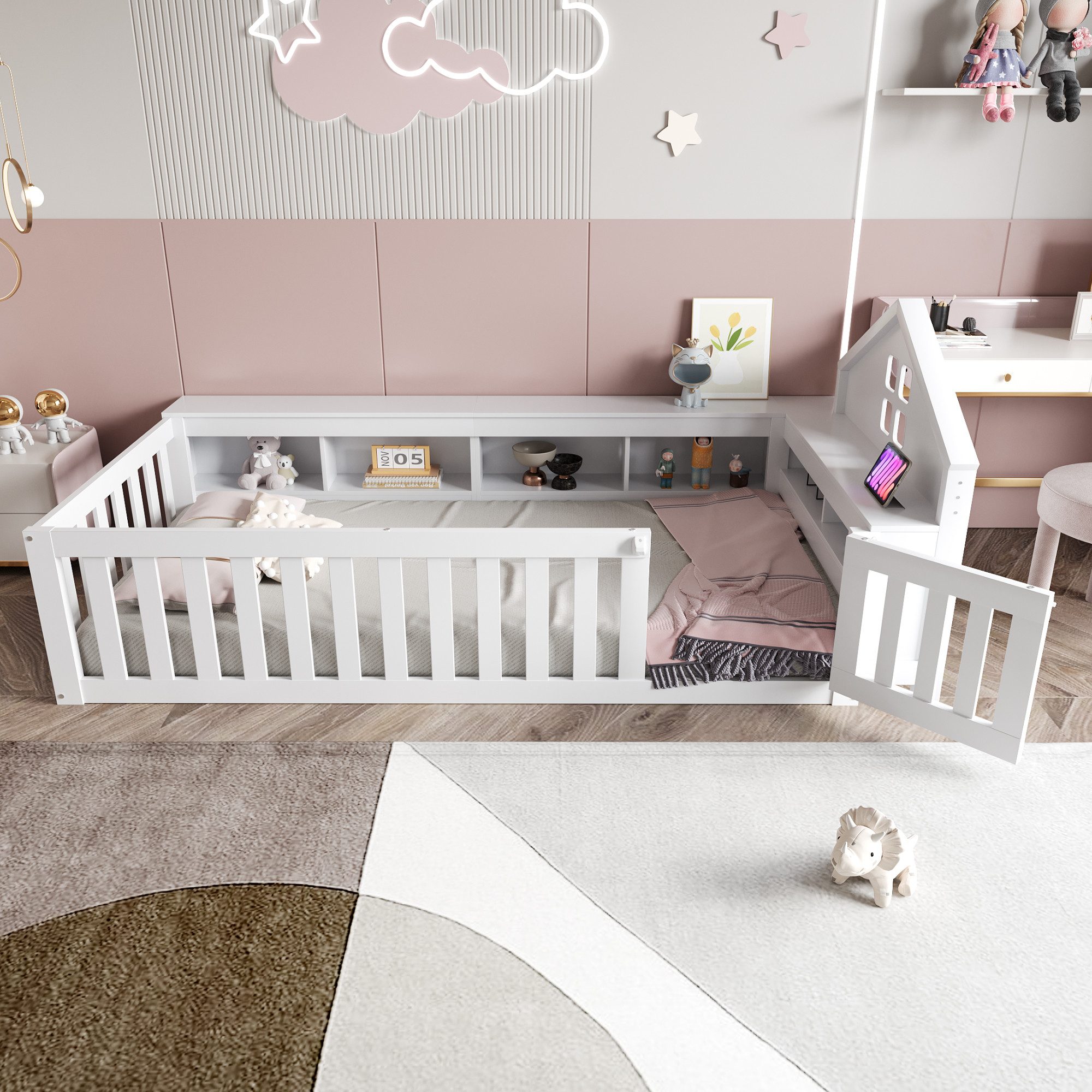 Merax Kinderbett mit Dach und Fenster (Massivholz Einzelbett Jugendbett, 1-tlg), Bodenbett 90x200cm mit Sicherheitsgitter Tür Ablagefächern & Stauraum