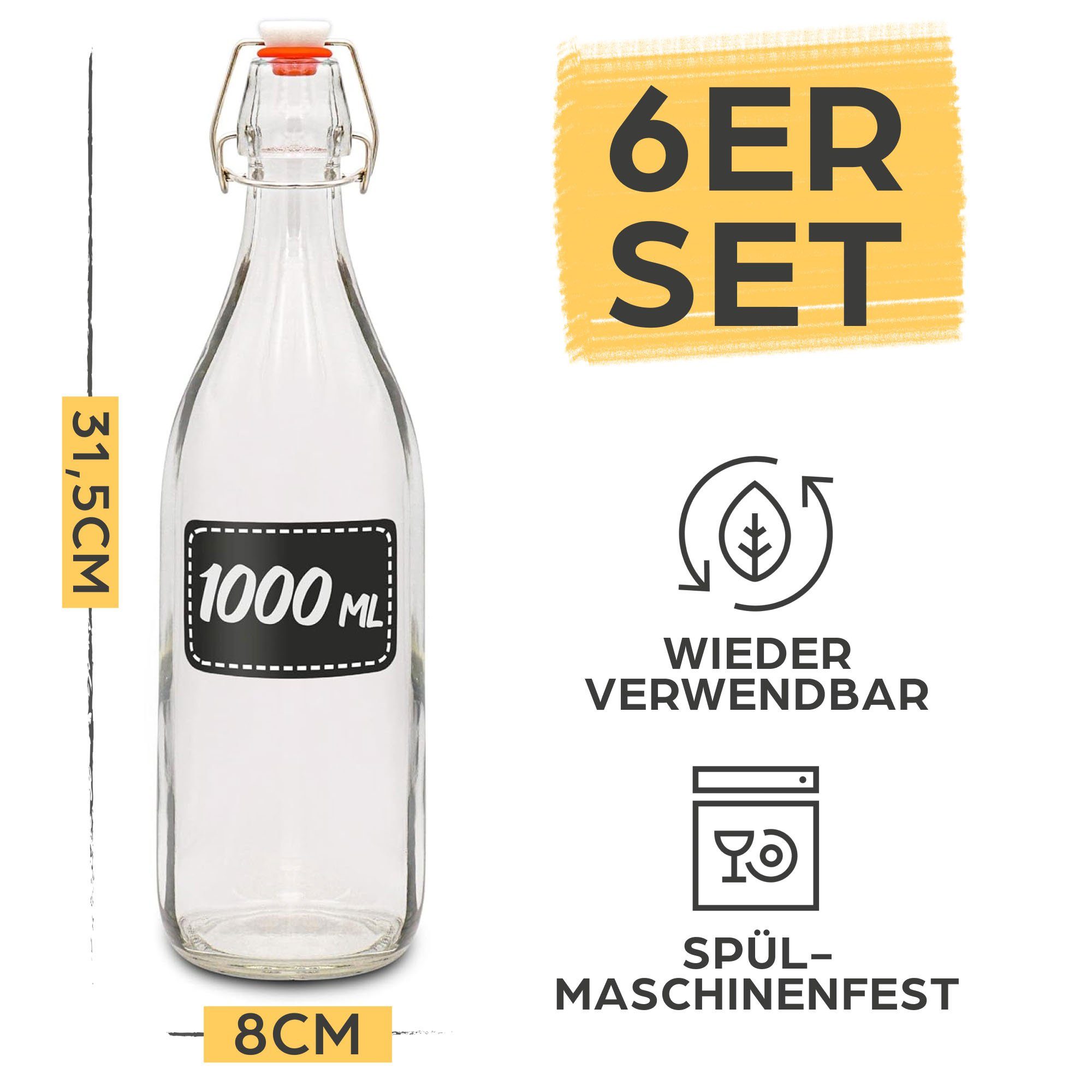 Praknu Trinkflasche 6 Glasflaschen mit Bügelverschluss 1000ml - 6 Extra Dichtungen, Öl Flasche 1L, Saftflasche, Flaschen Aufbewahrung, Likörflaschen