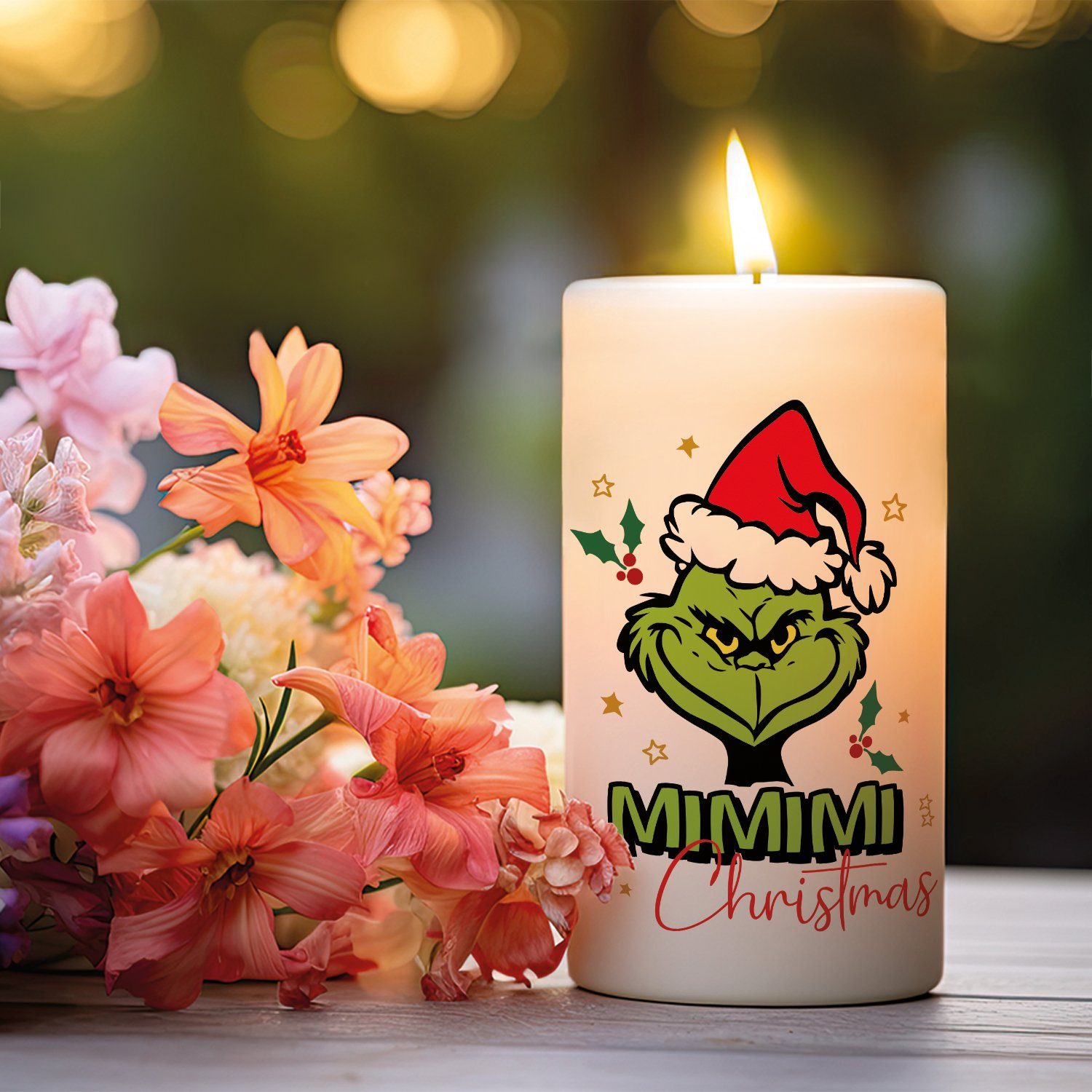 Stumpenkerze freche Grinch zu Weihnachten, Motiv Grinch Mimimi GRAVURZEILE Weihnachtsdekoration mit