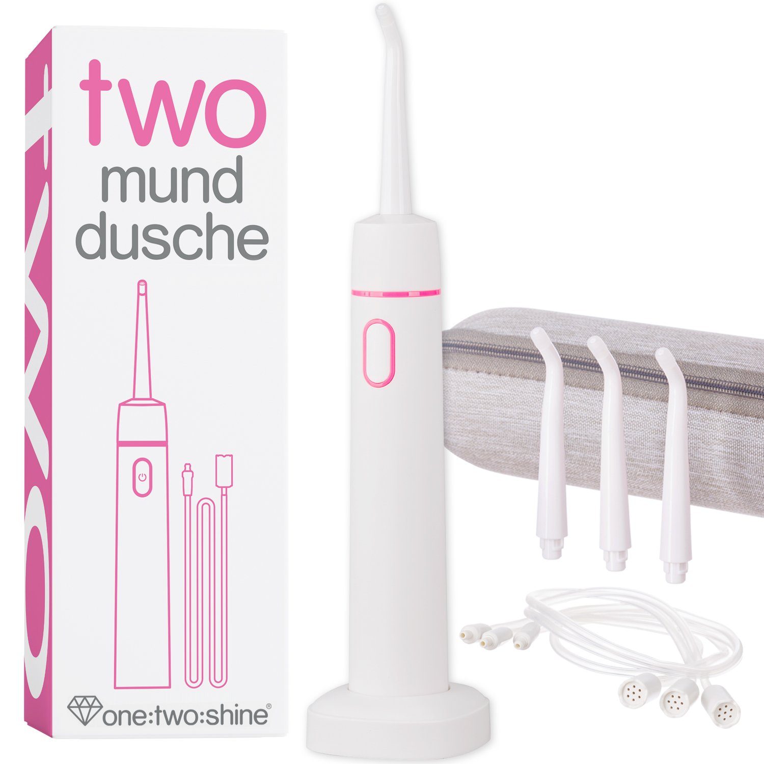 one:two:shine Reise-Munddusche TWO, klein, leicht, kabellos & elektrisch für Urlaub & Reise, mit, Aufsätze: 3 St., zur effektiven Zahnzwischenraumreinigung