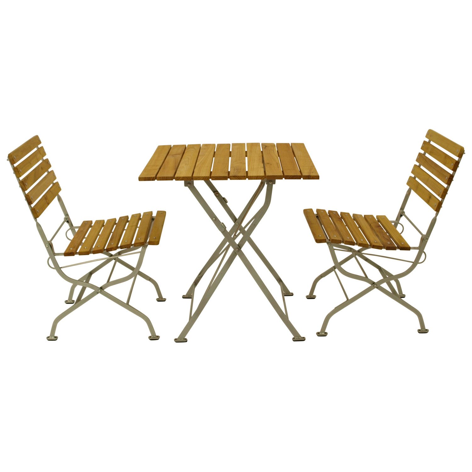 TPFGarden Sitzgruppe GENF, (Bistro Set GENF - Gartenmöbel Garnitur 3-teilig, 3-tlg., Sitzgruppe für 2 Personen - Flachstahl verzinkt hellgrau - Robinie), (2x Stuhl, 1x Tisch 70x70cm)